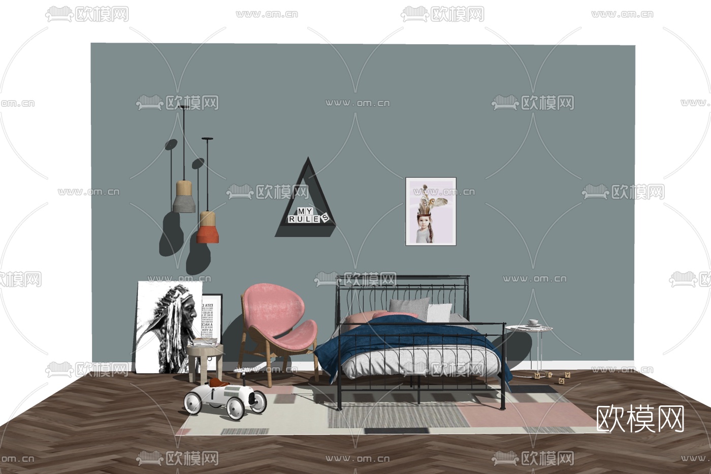 北欧铁艺双人床su模型下载