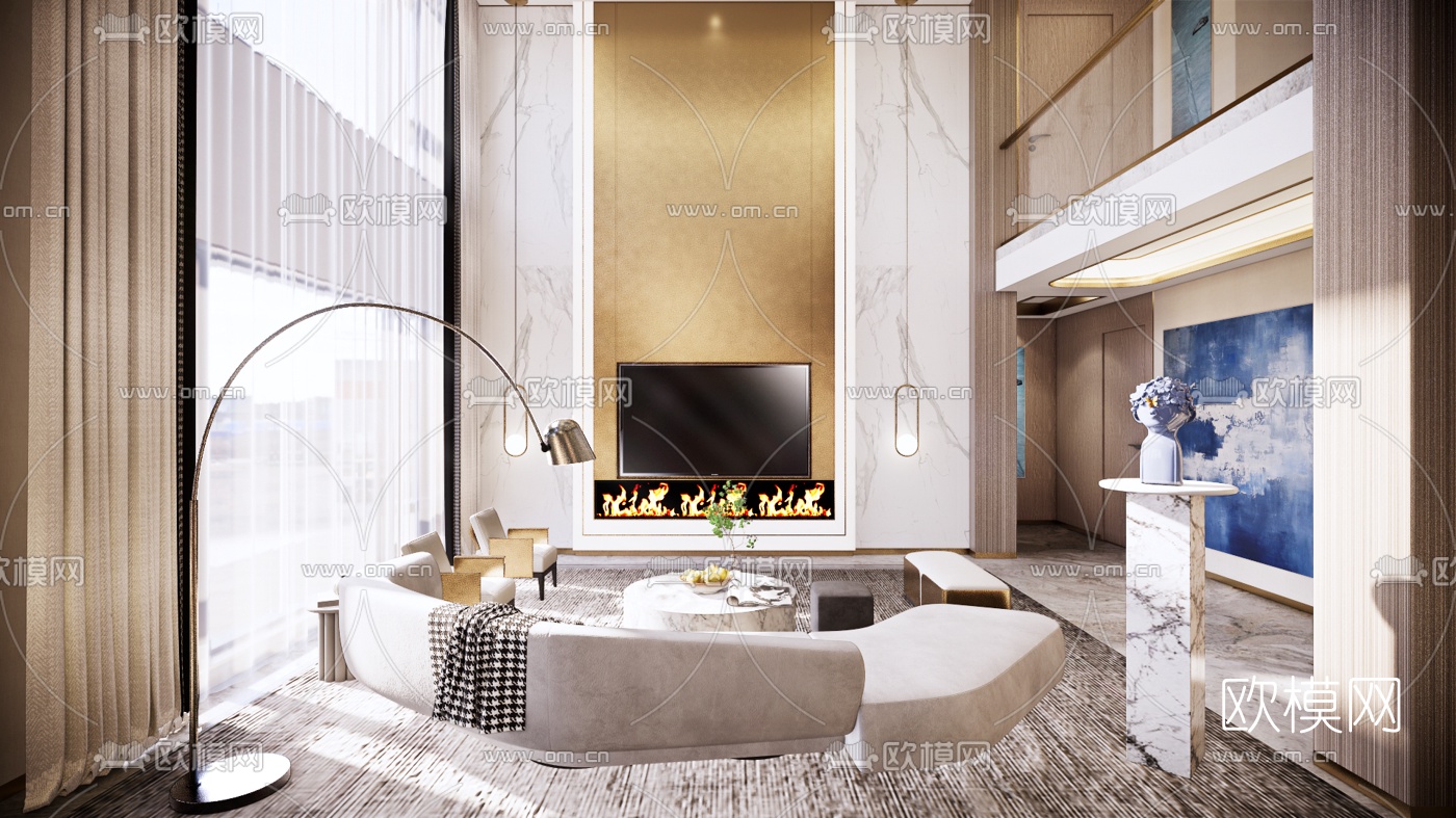 现代挑空客厅su模型下载（渲染图2）