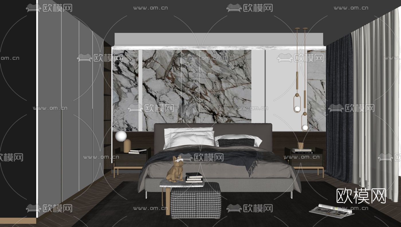 现代布艺双人床su模型下载