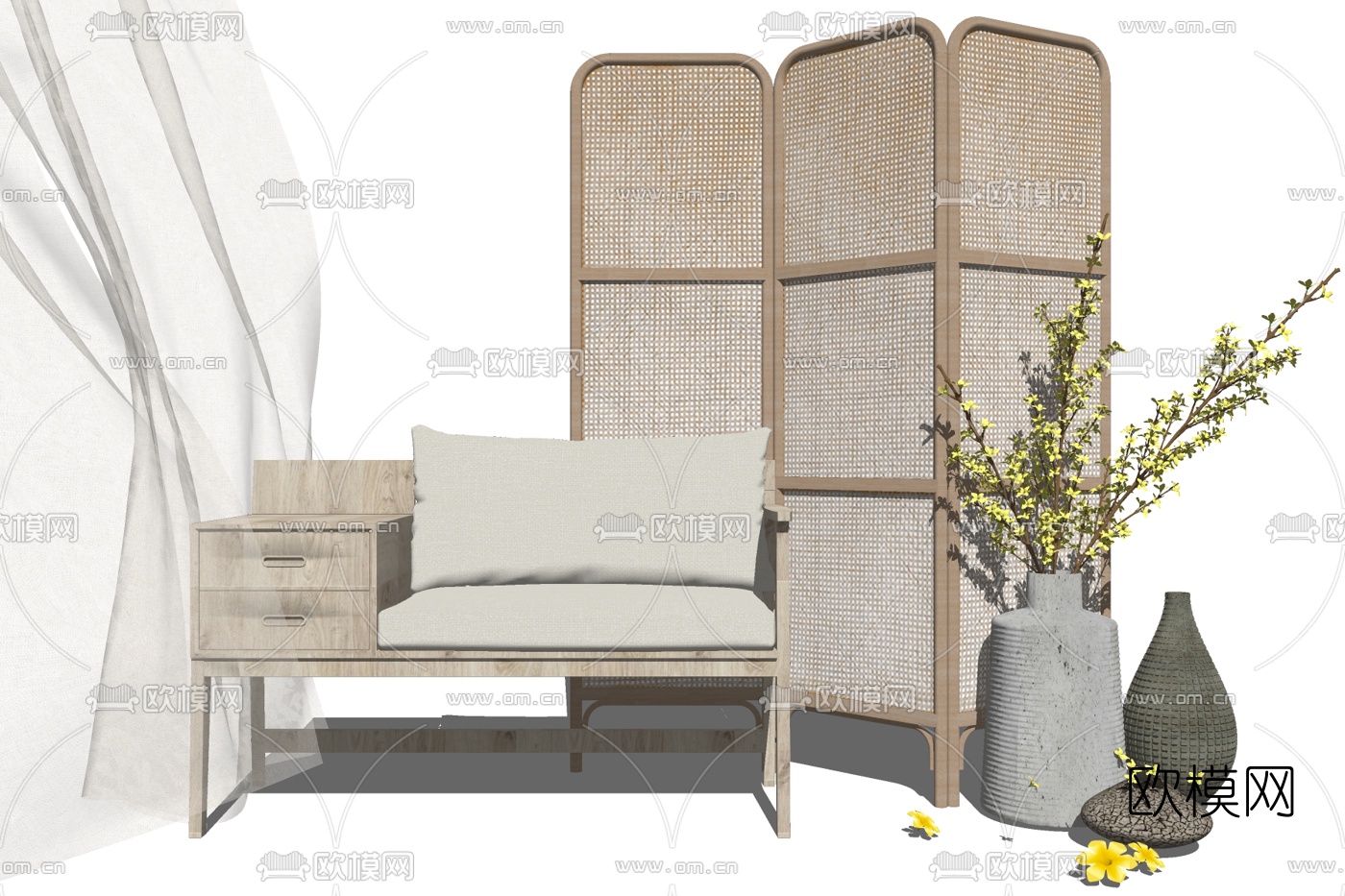 新中式实木休闲椅su模型下载