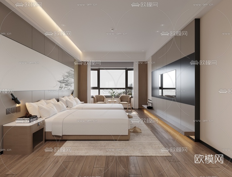 新中式酒店双床客房3d模型下载(渲染图4)