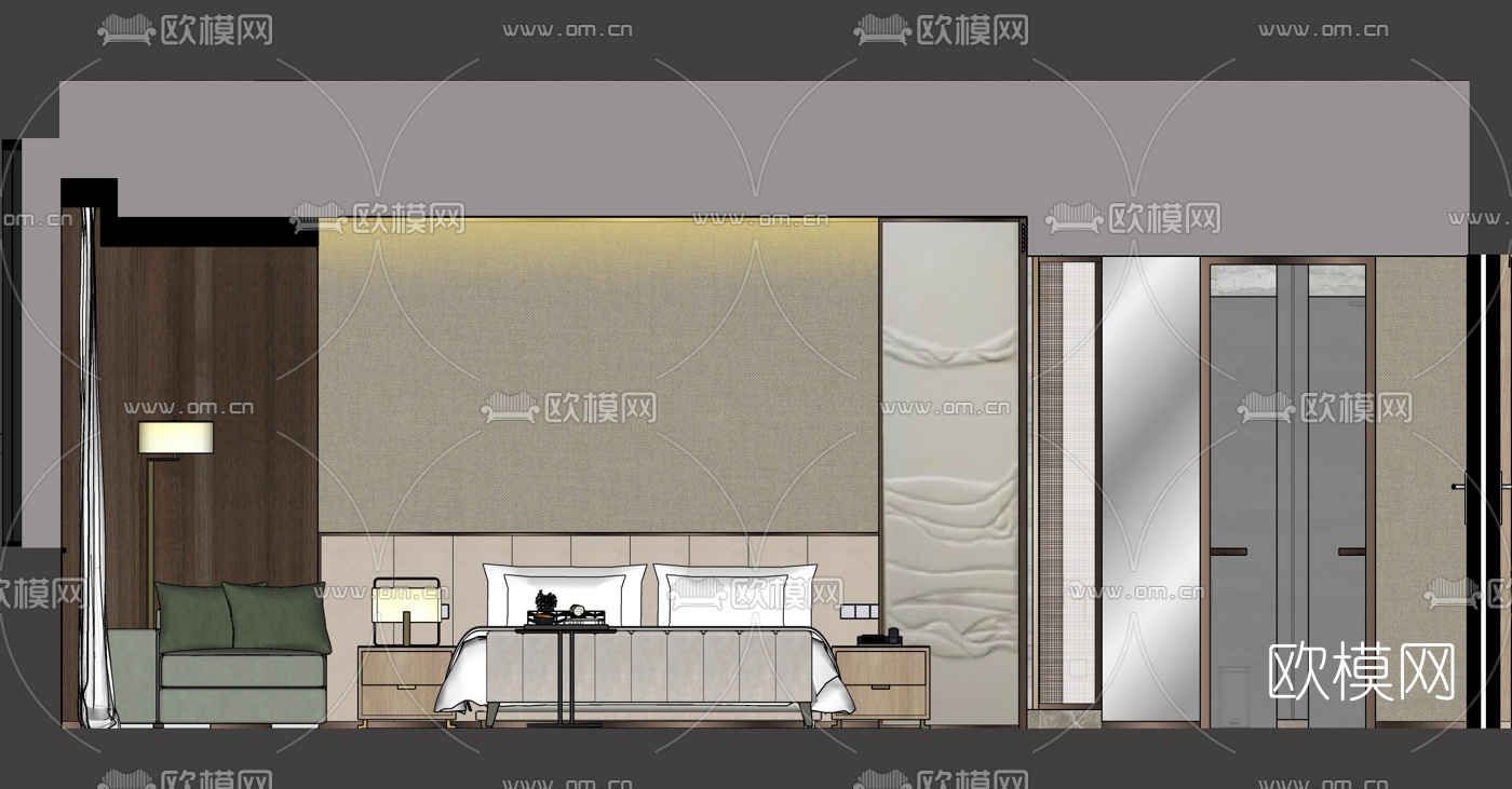 现代轻奢酒店客房标准间su模型下载（渲染图4）