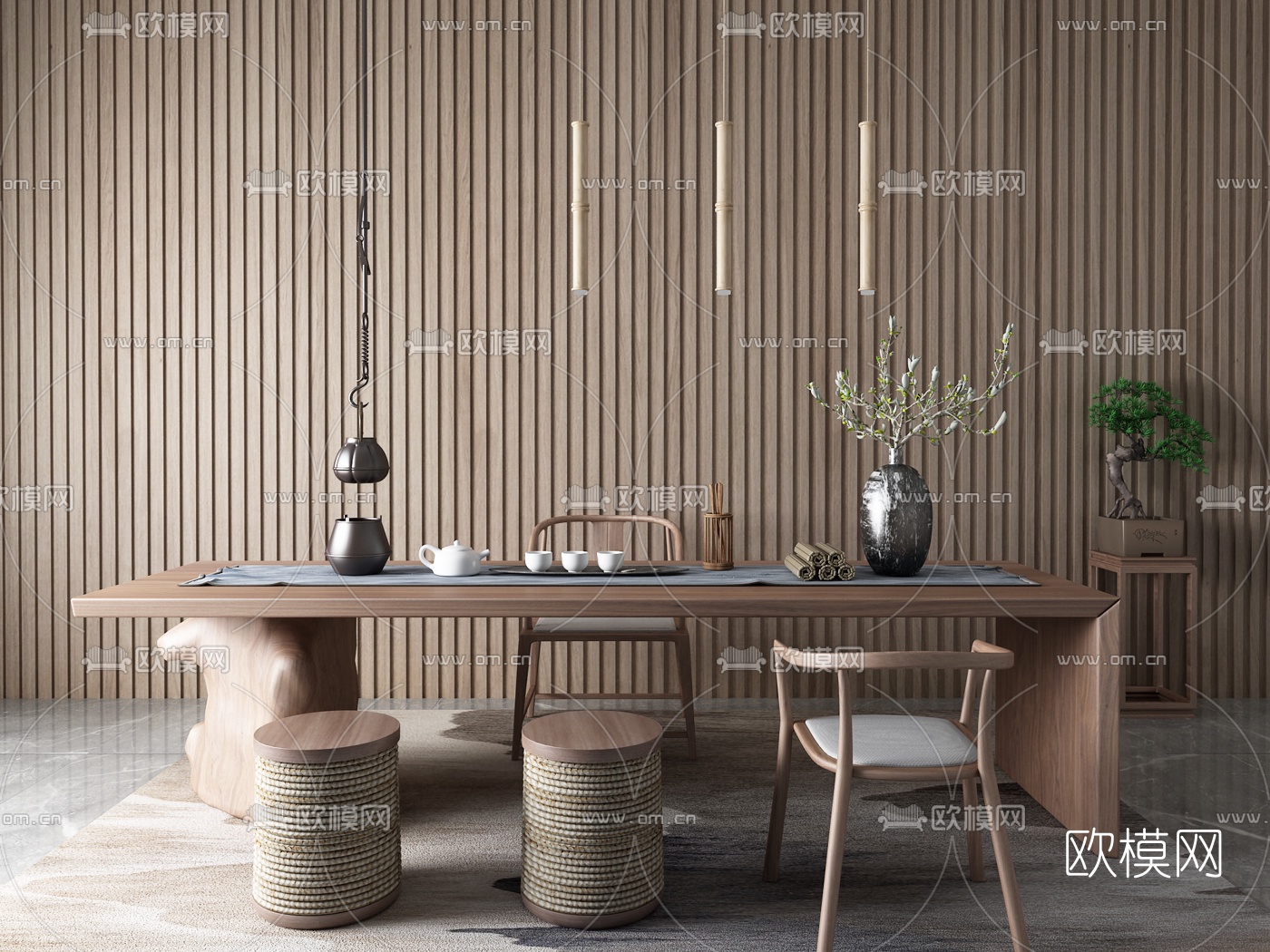 新中式实木茶桌椅3d模型下载