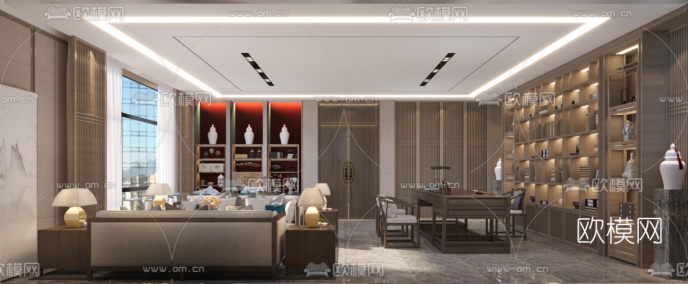 新中式董事长办公室免费3d模型下载（渲染图1）