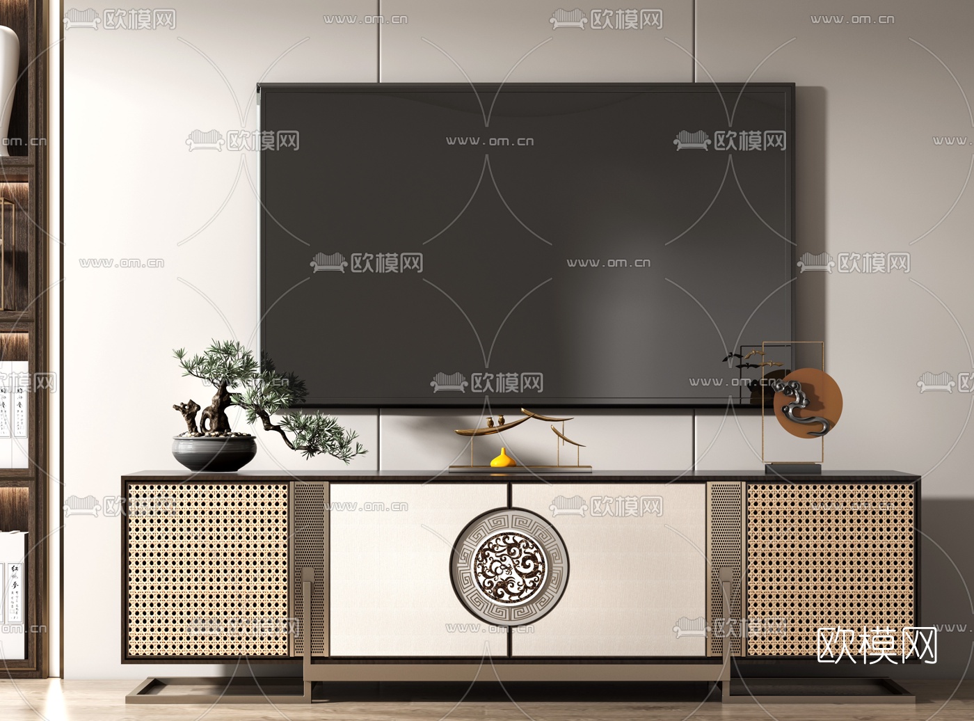 新中式网格电视柜3d模型下载