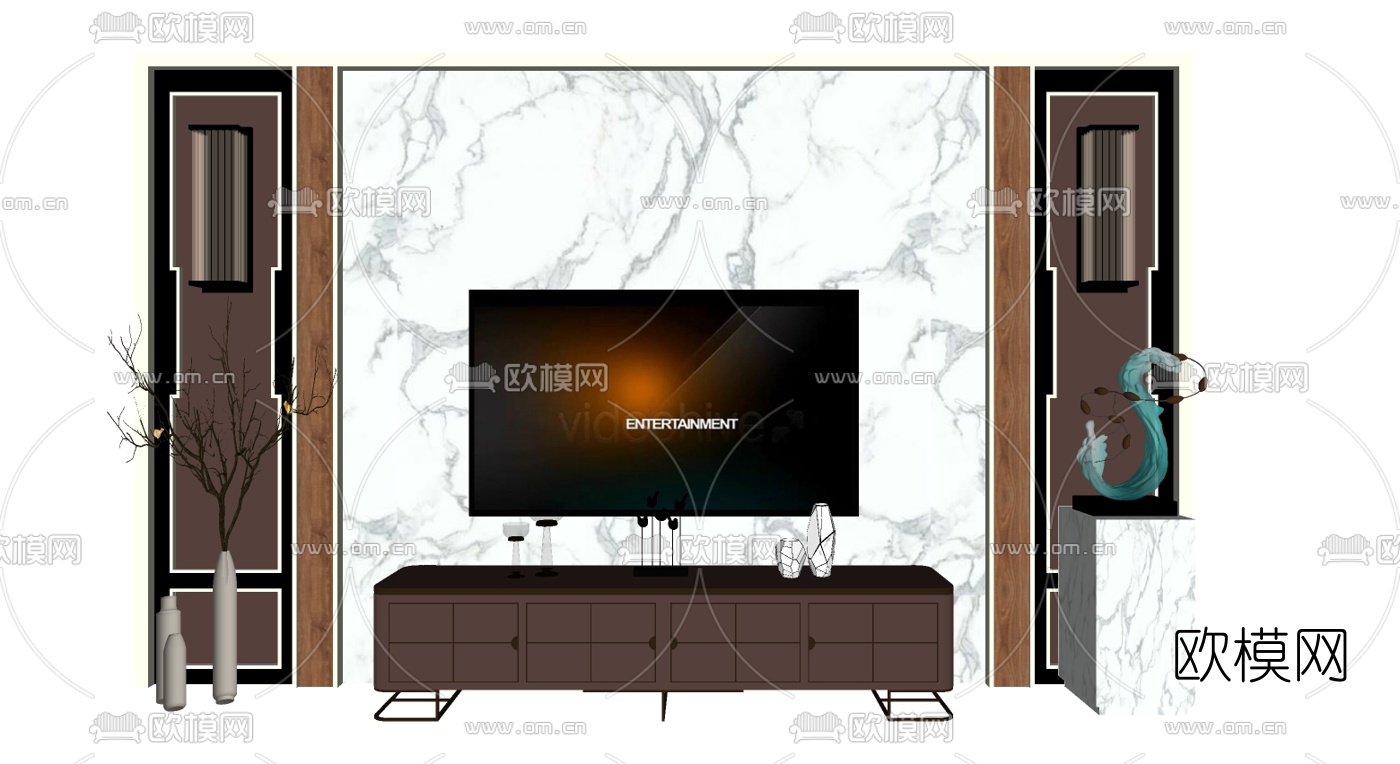 新中式实木电视柜su模型下载（渲染图2）