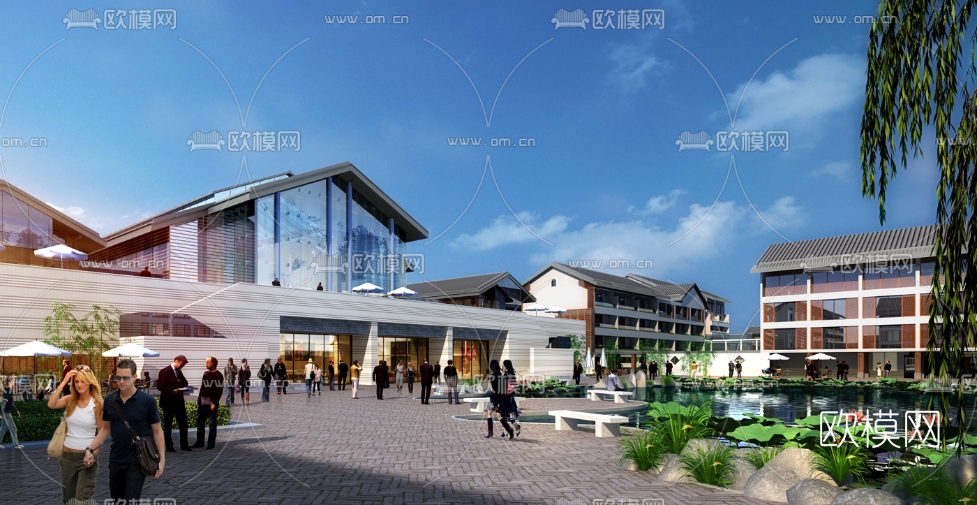 新中式养老中心外观su模型下载（渲染图2）