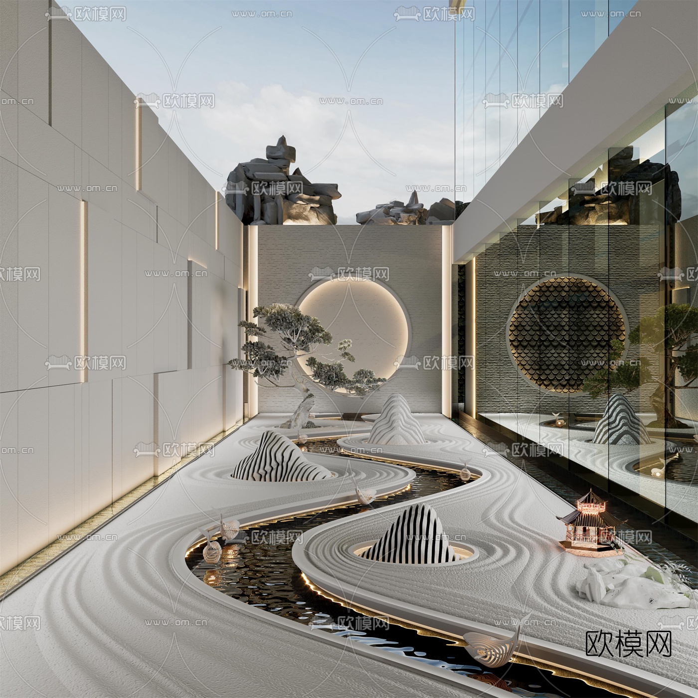 新中式松树假山景观小品3d模型