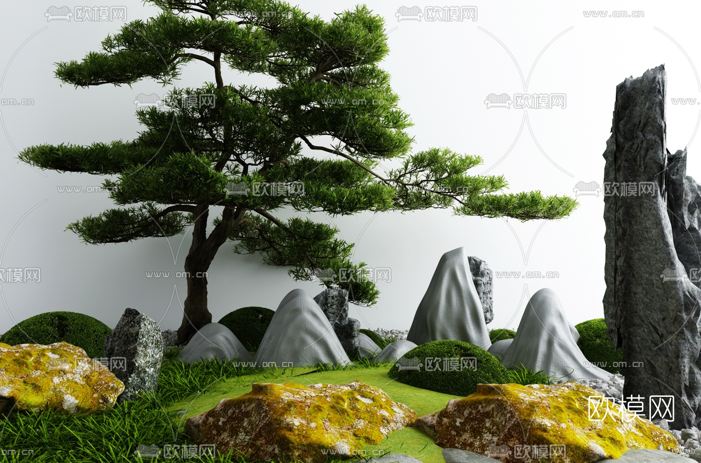 新中式假山树草灌木小品3d模型