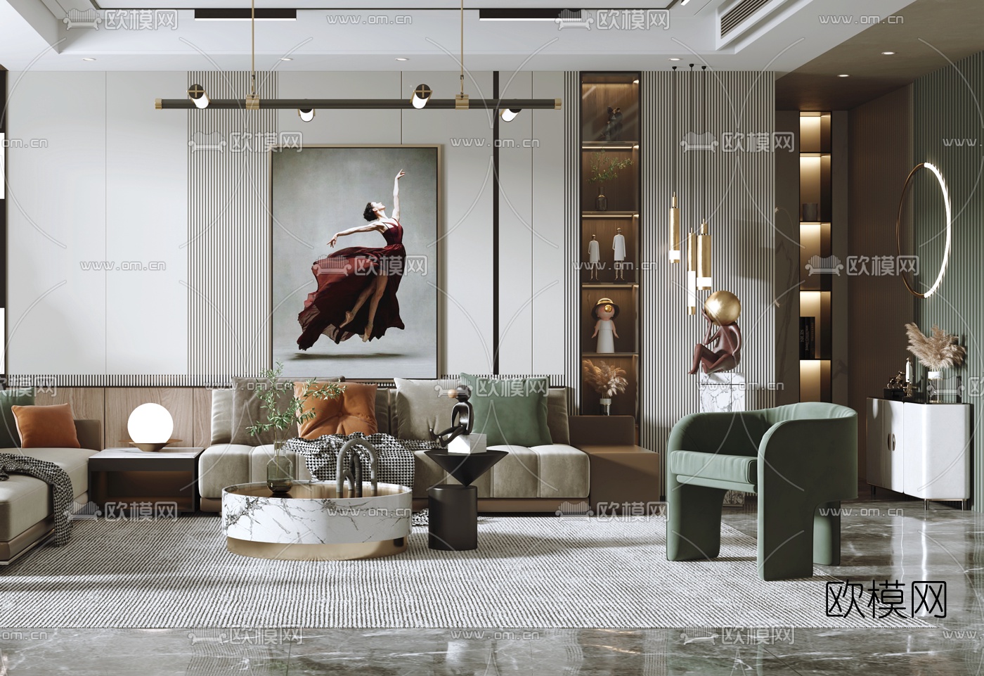 现代轻奢绒布沙发组合3d模型下载（渲染图2）