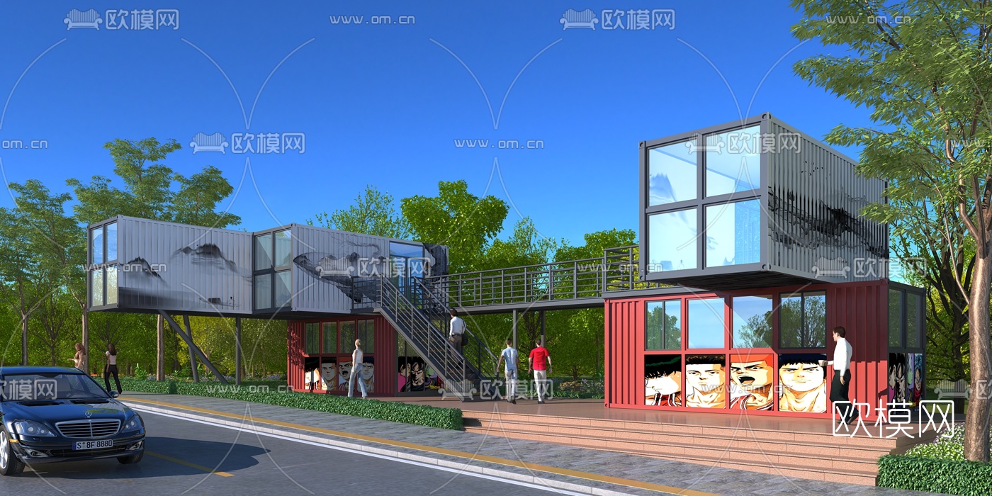 工业风集装箱酒店外观3d模型下载