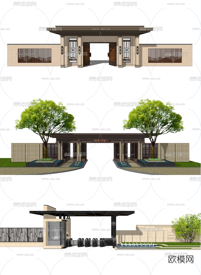 新中式別墅入口大門su模型-免費3dmax模型庫-歐模網
