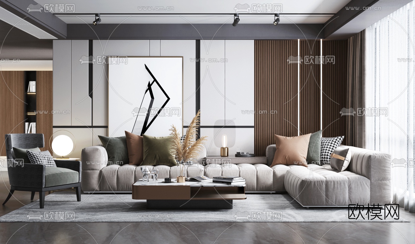 现代布艺转角沙发组合3d模型下载