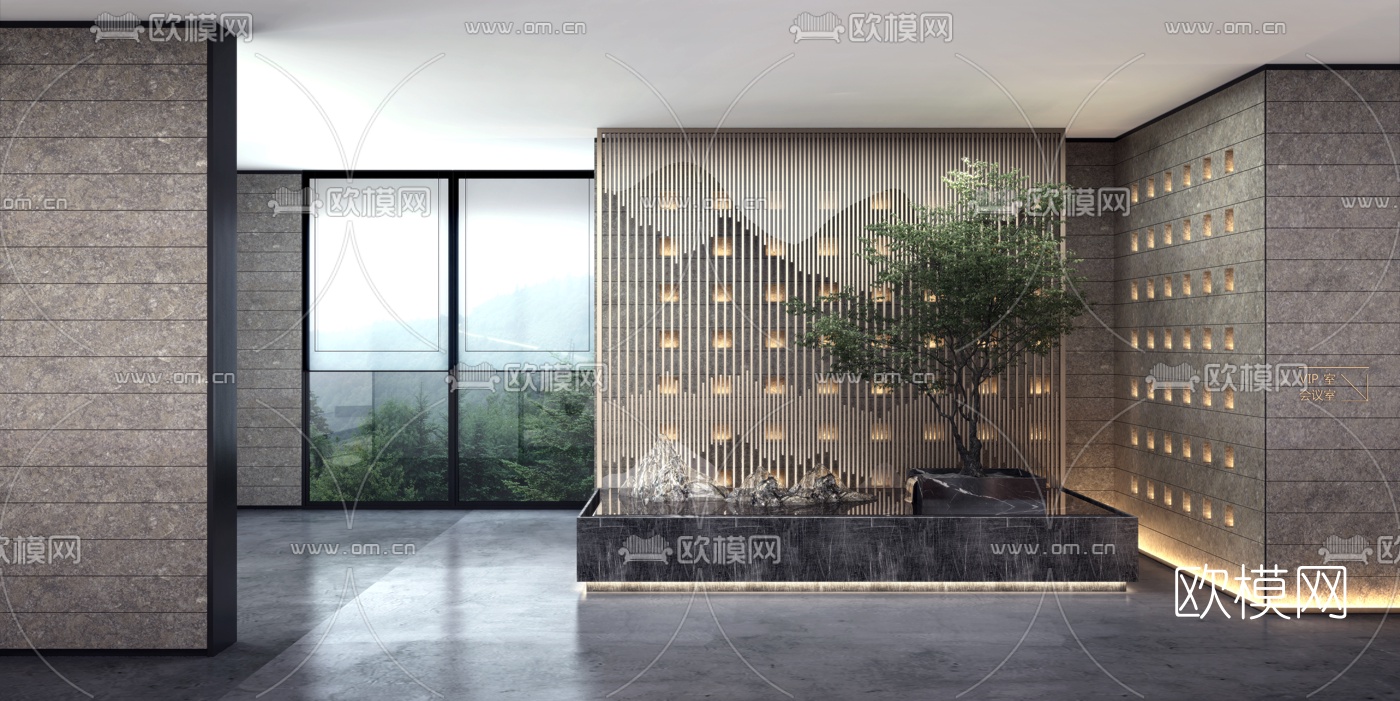 新中式假山景观树小品3d模型下载（渲染图1）