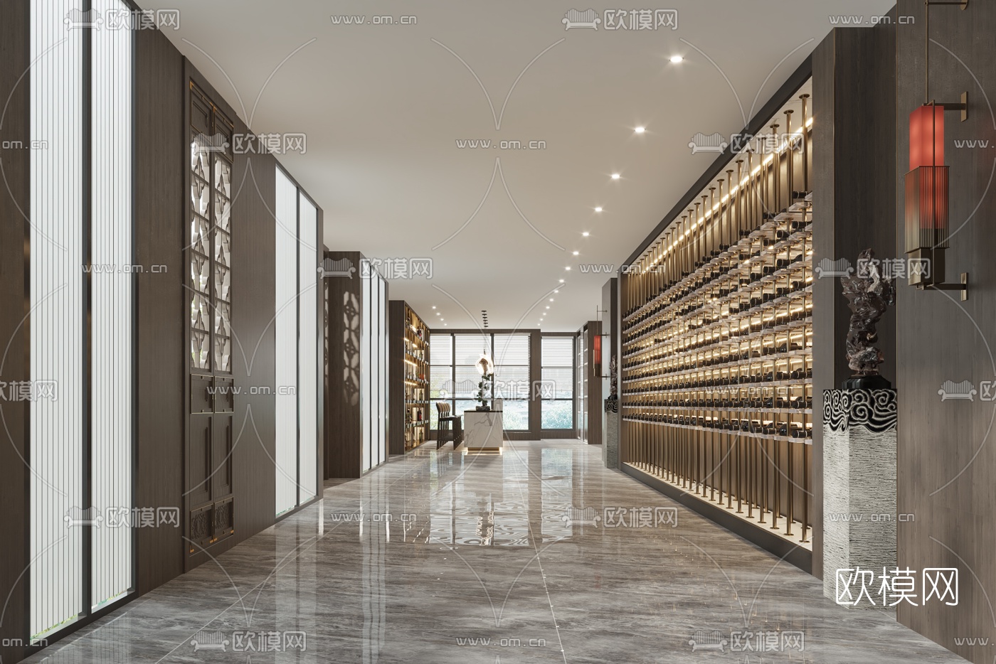 新中式酒店会所大堂过道3d模型