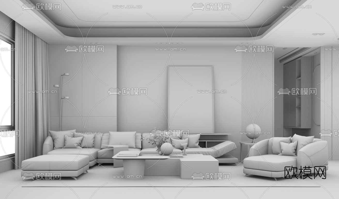 现代轻奢客厅su模型下载（渲染图3）