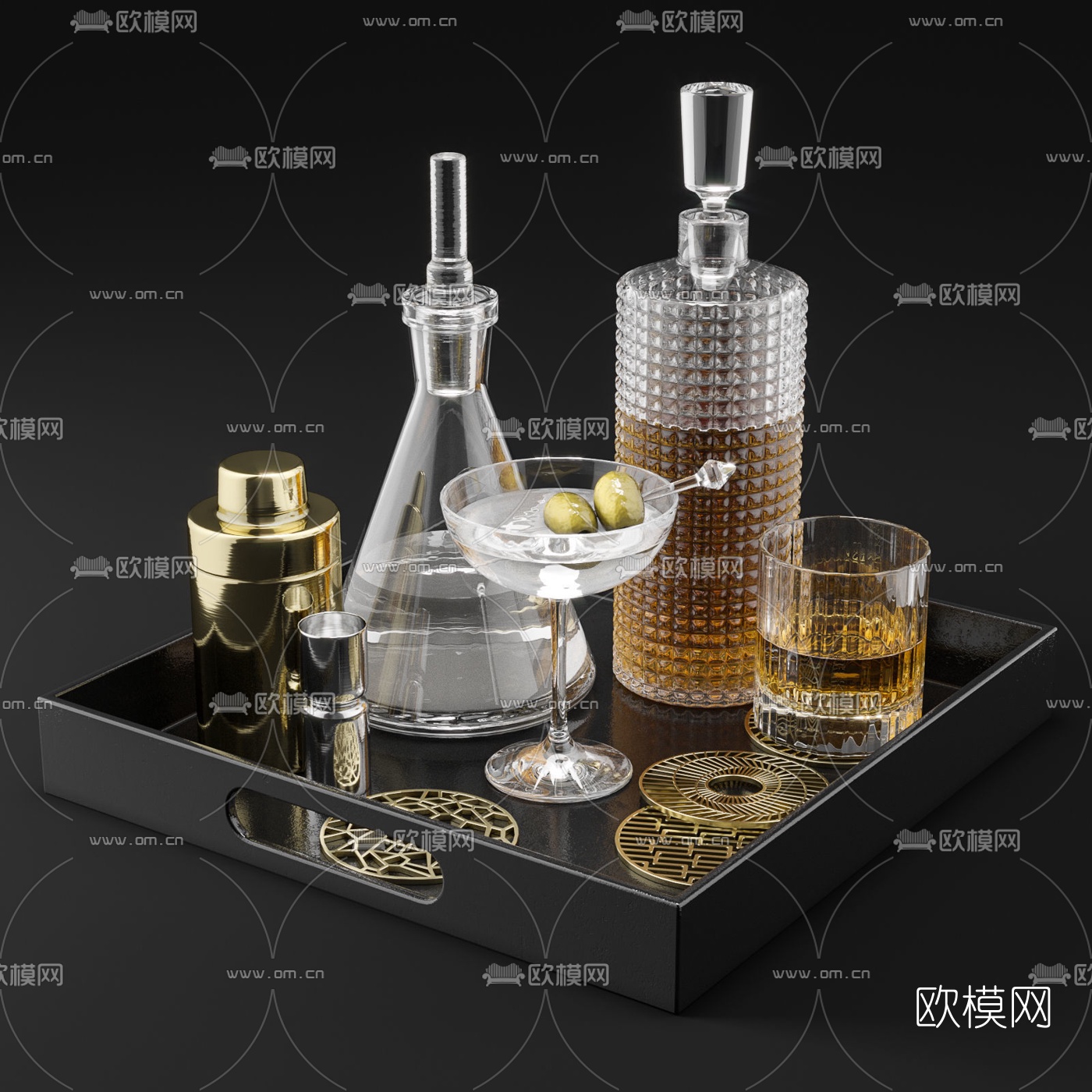 现代洋酒酒杯托盘3d模型