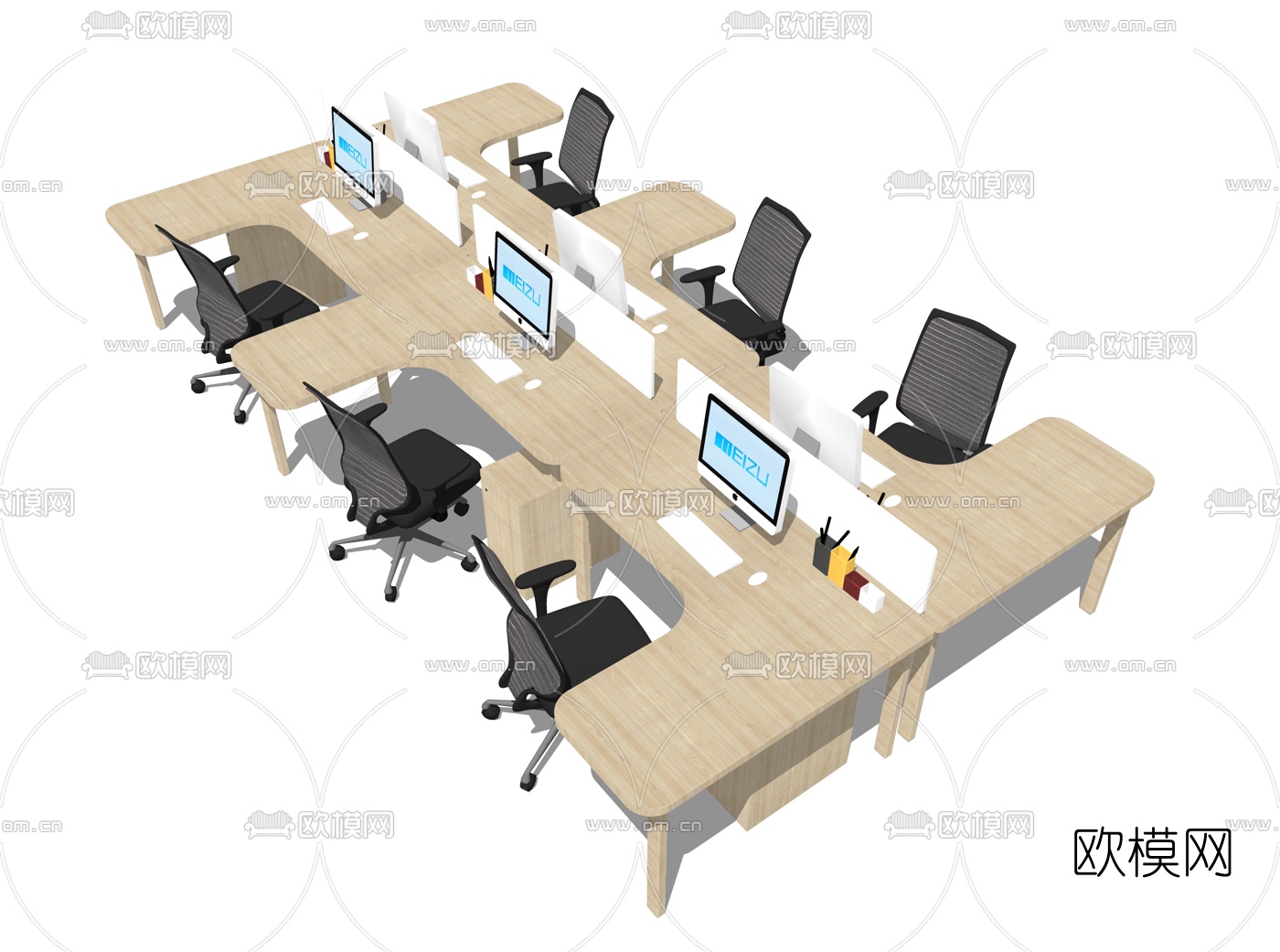 现代原木卡位办公桌su模型下载