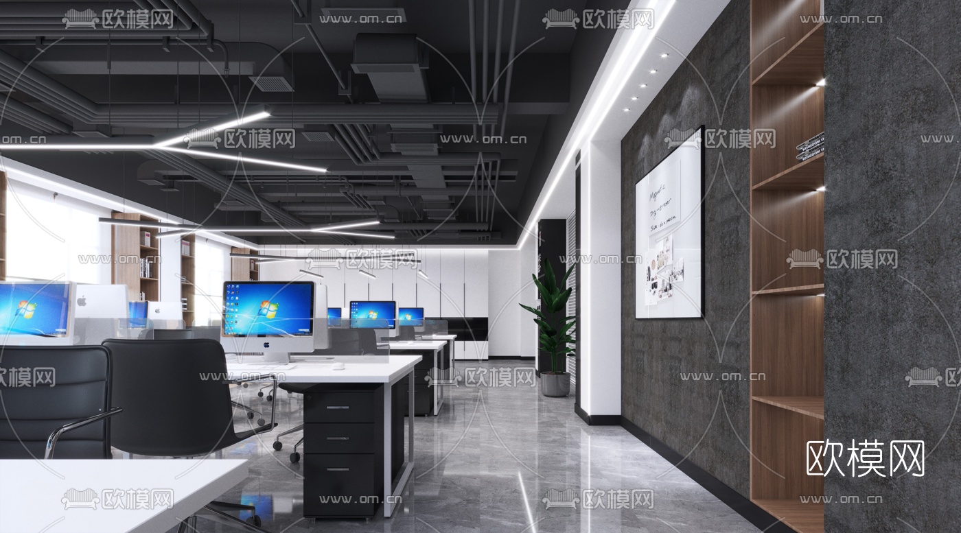 工业风简约敞开式办公区3d模型下载（渲染图3）