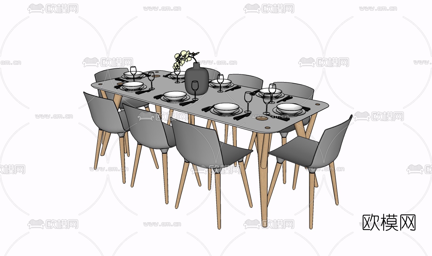 北欧实木餐桌椅免费su模型下载