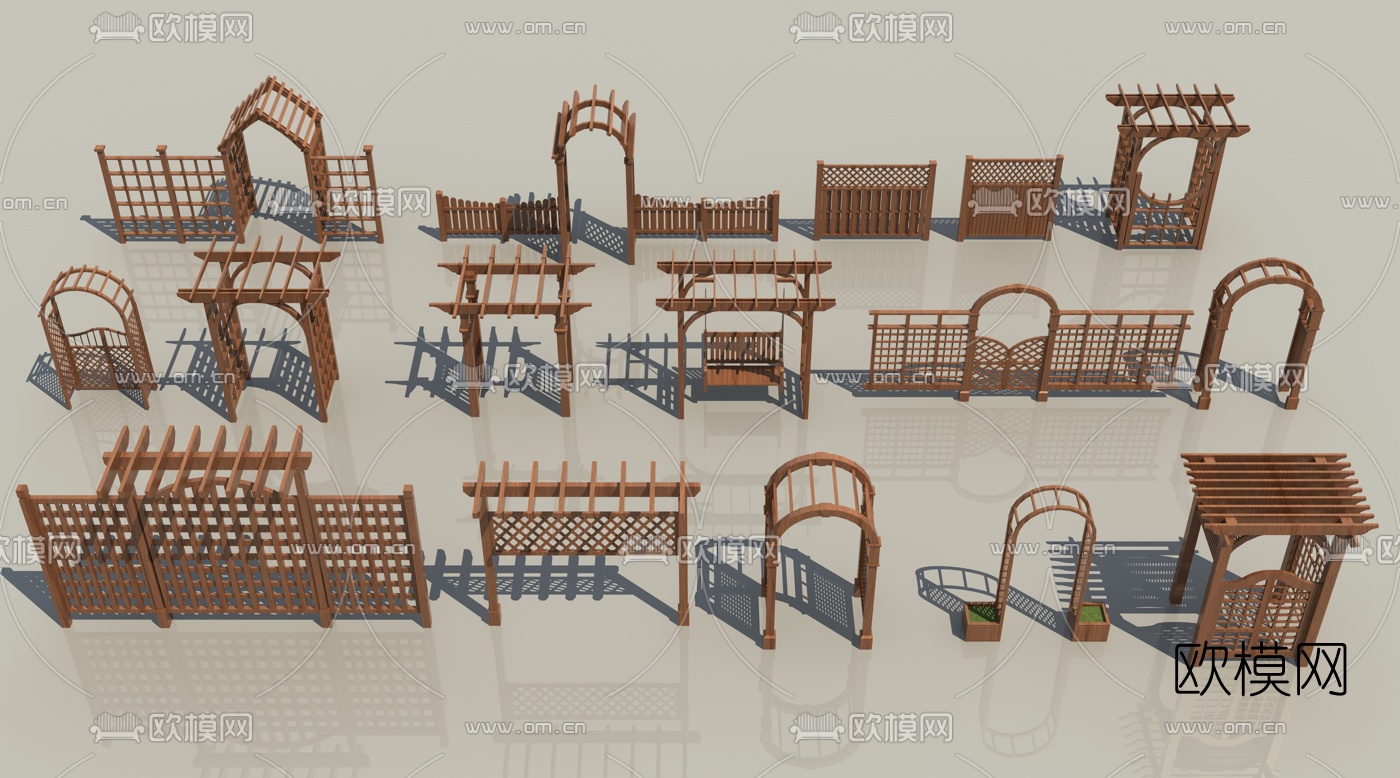 中式木拱门木秋千木围栏3d模型下载