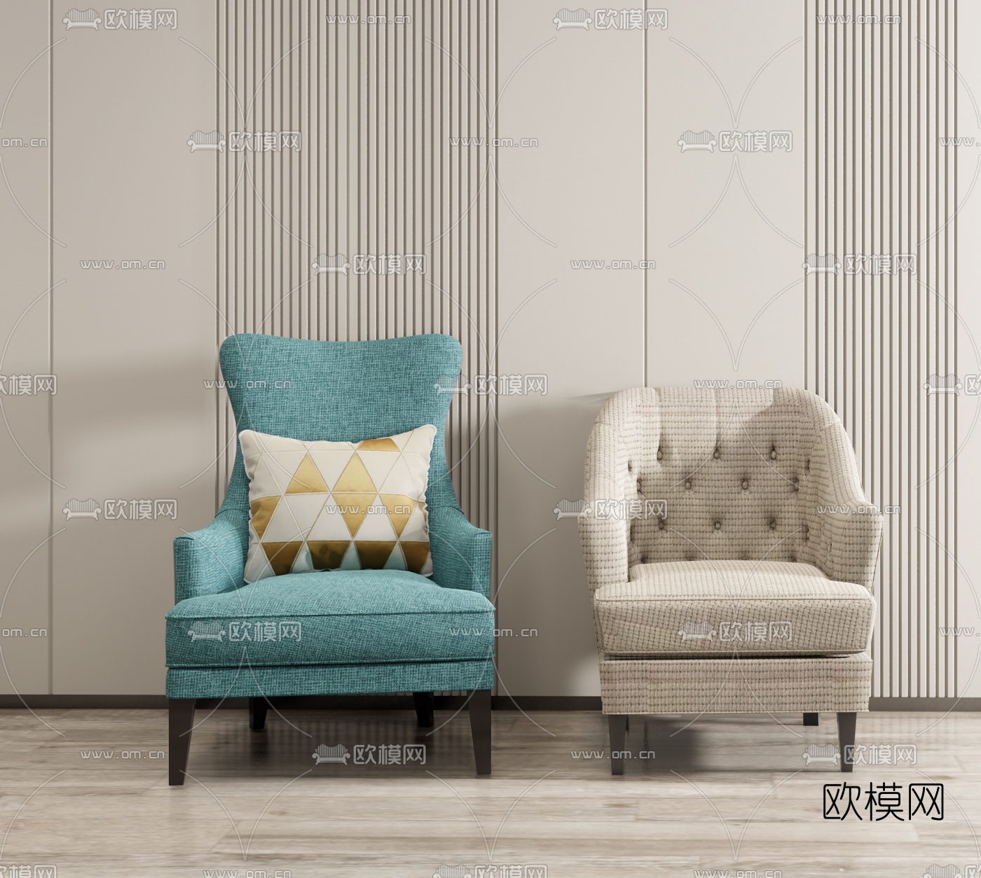 美式布艺单人沙发su模型下载（渲染图1）