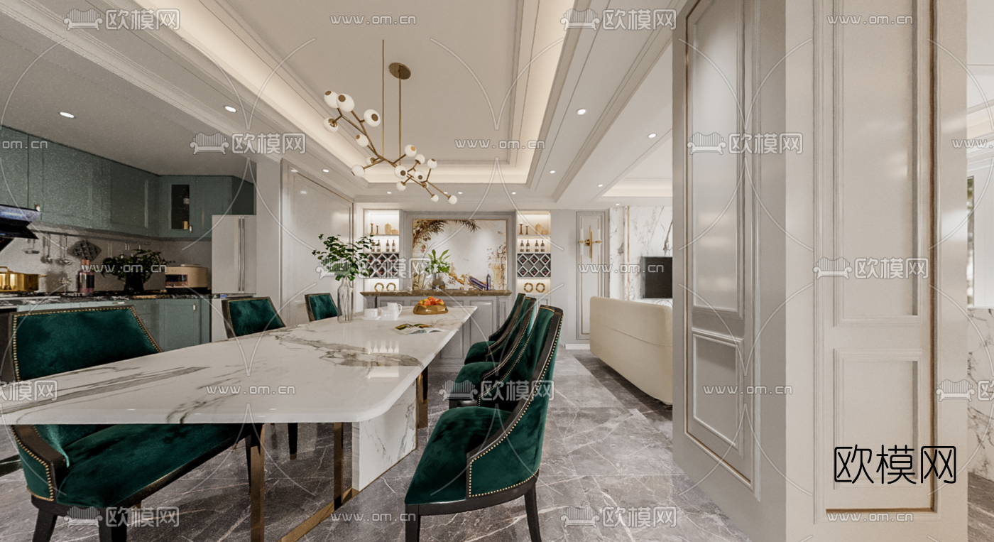 简欧客厅餐厅cr全景3d模型-免费3dmax模型库-欧模网