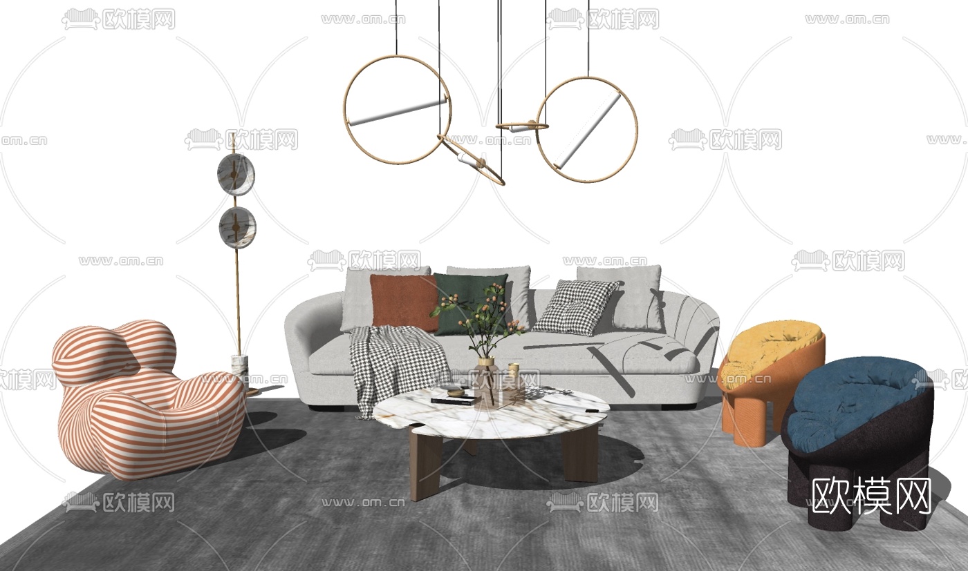 现代布艺沙发组合su模型下载
