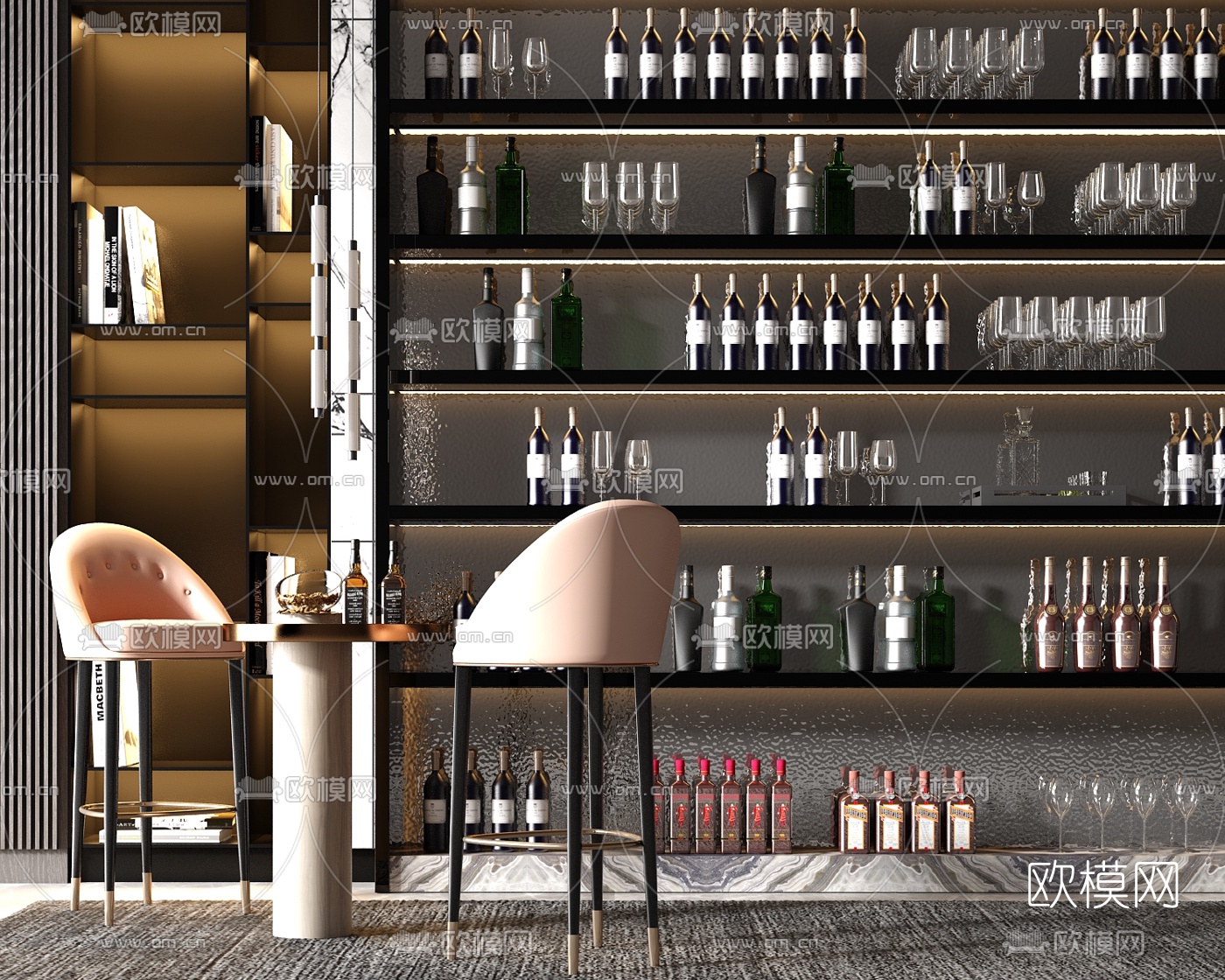现代轻奢品酒吧台椅酒柜su模型下载（渲染图1）