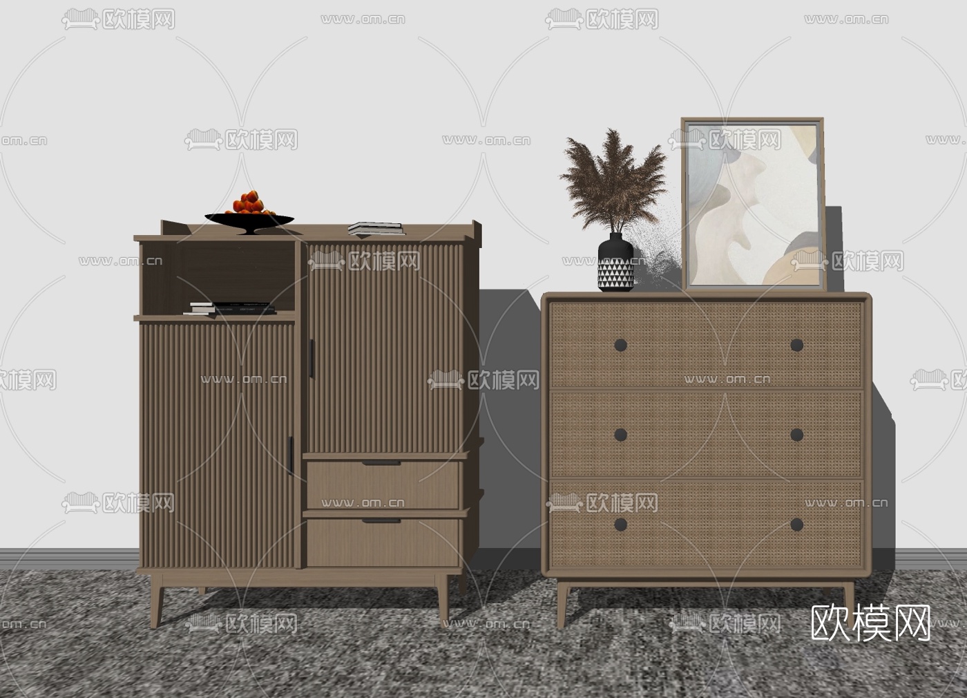 北欧原木边柜斗柜su模型下载