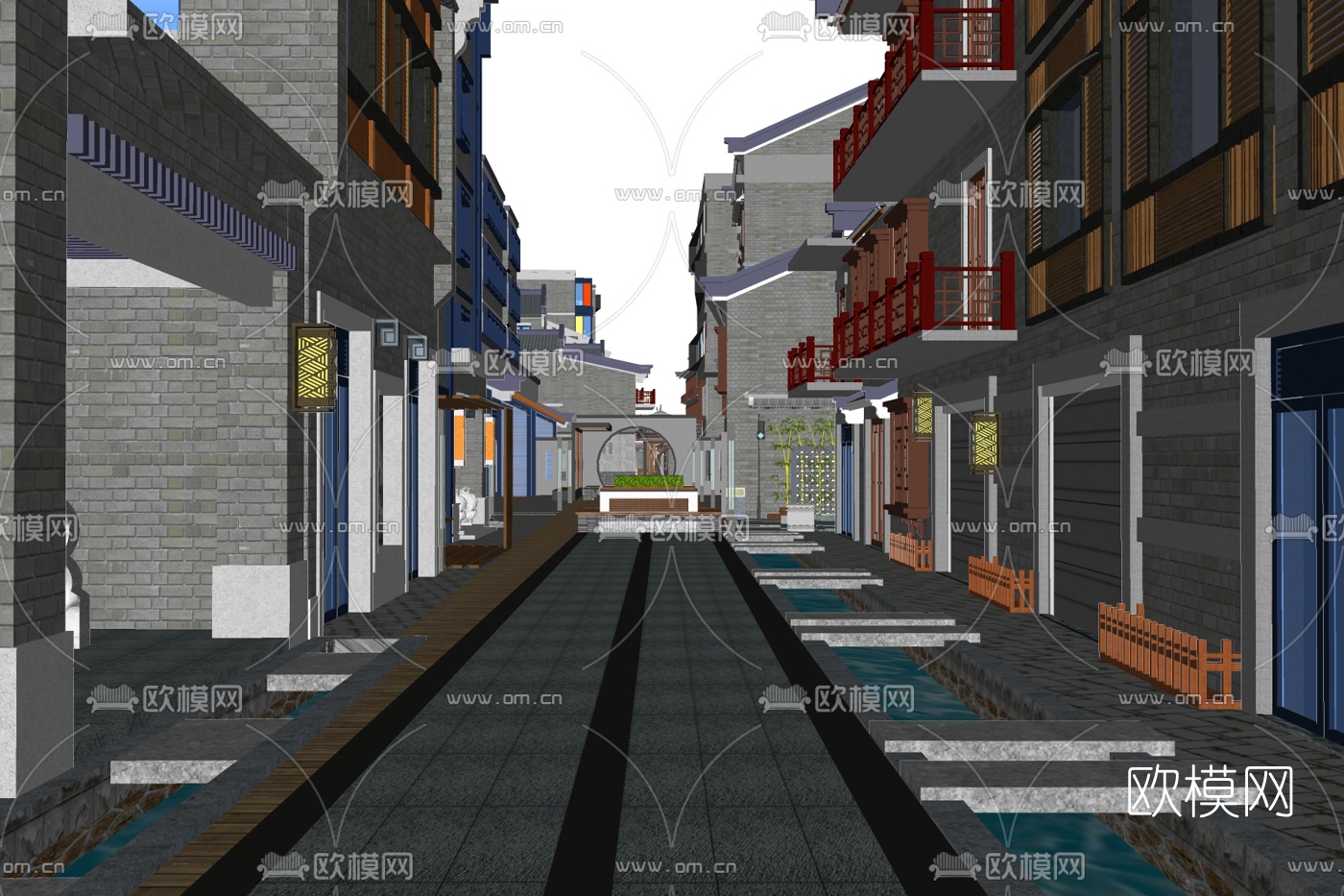 新中式商业街su模型下载
