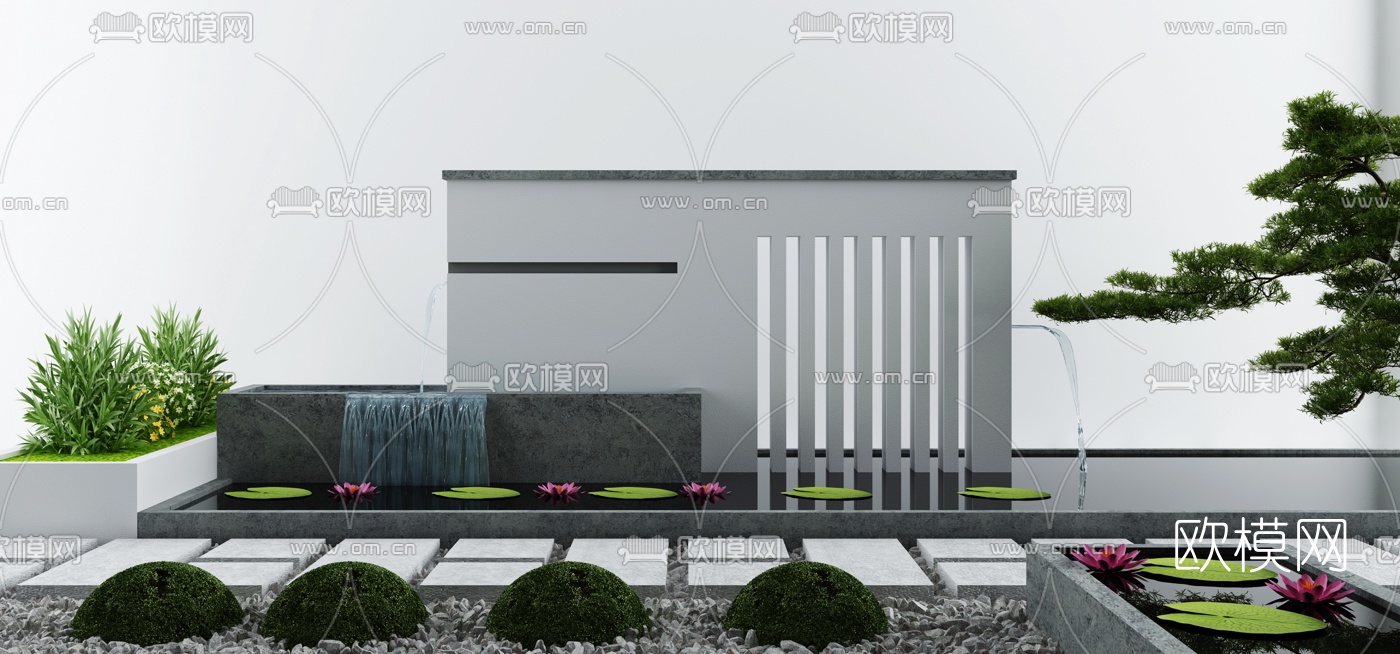 新中式流水荷花荷叶水景小品3d模型下载