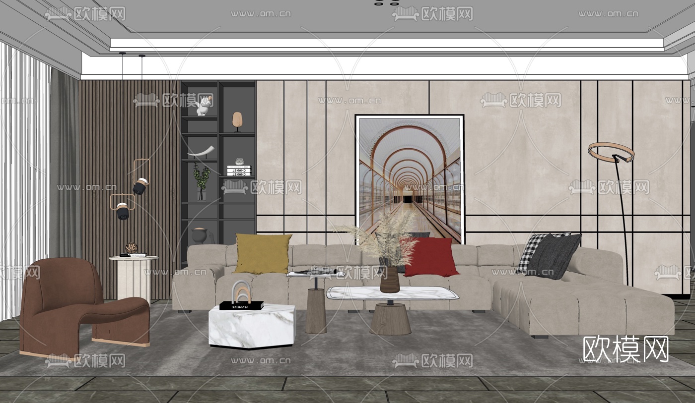 现代布艺组合沙发su模型