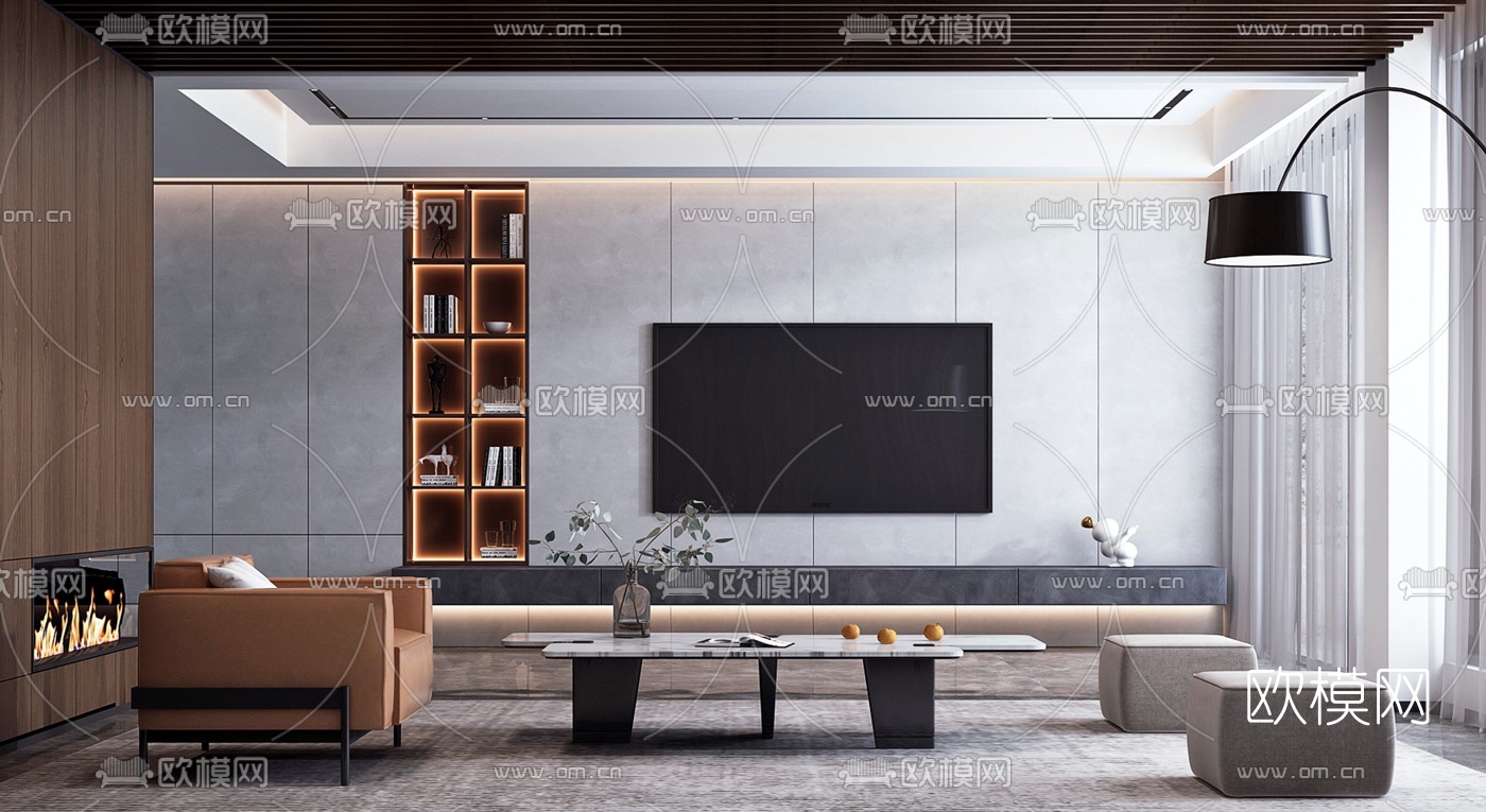 现代电视背景墙沙发茶几3d模型