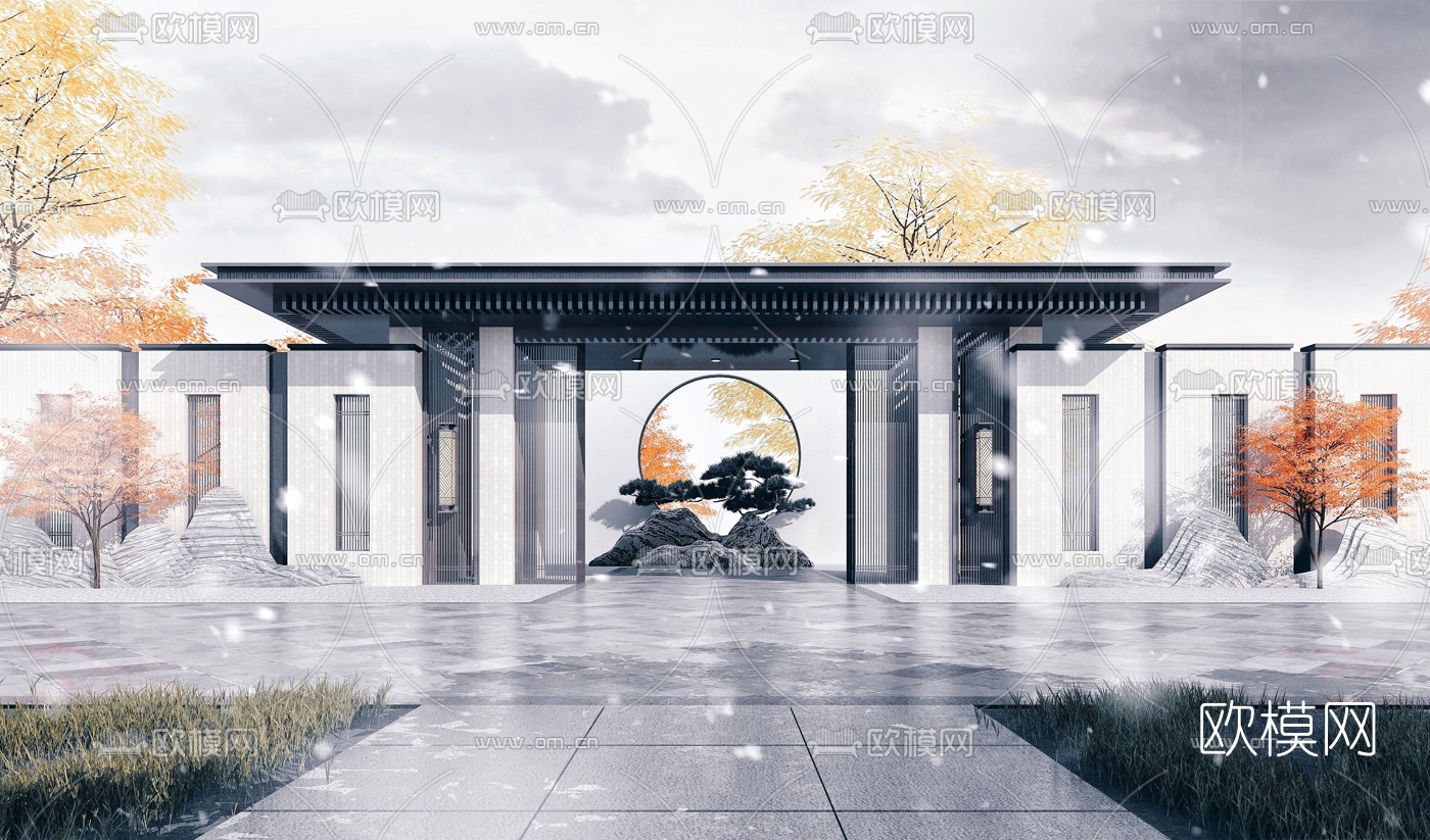 新中式园林大门入口3d模型下载