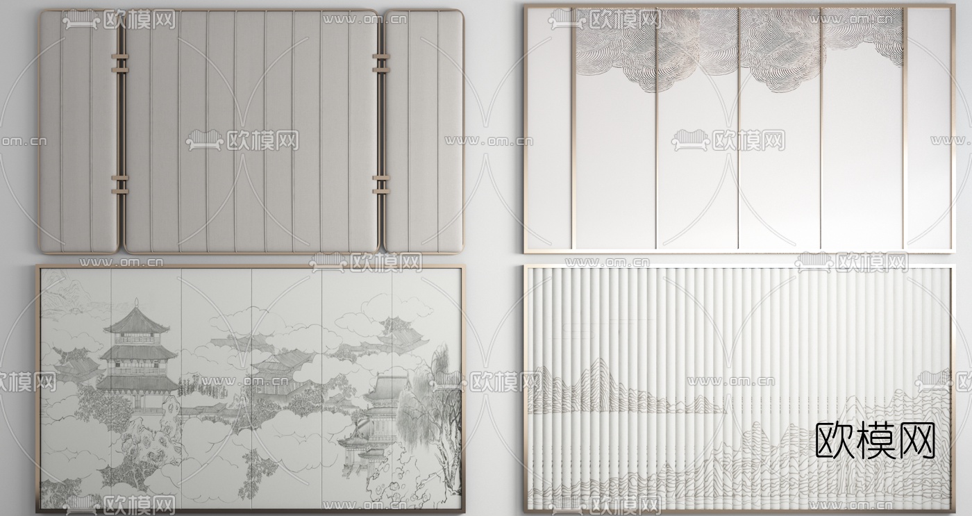 新中式软包硬包背景墙3d模型下载