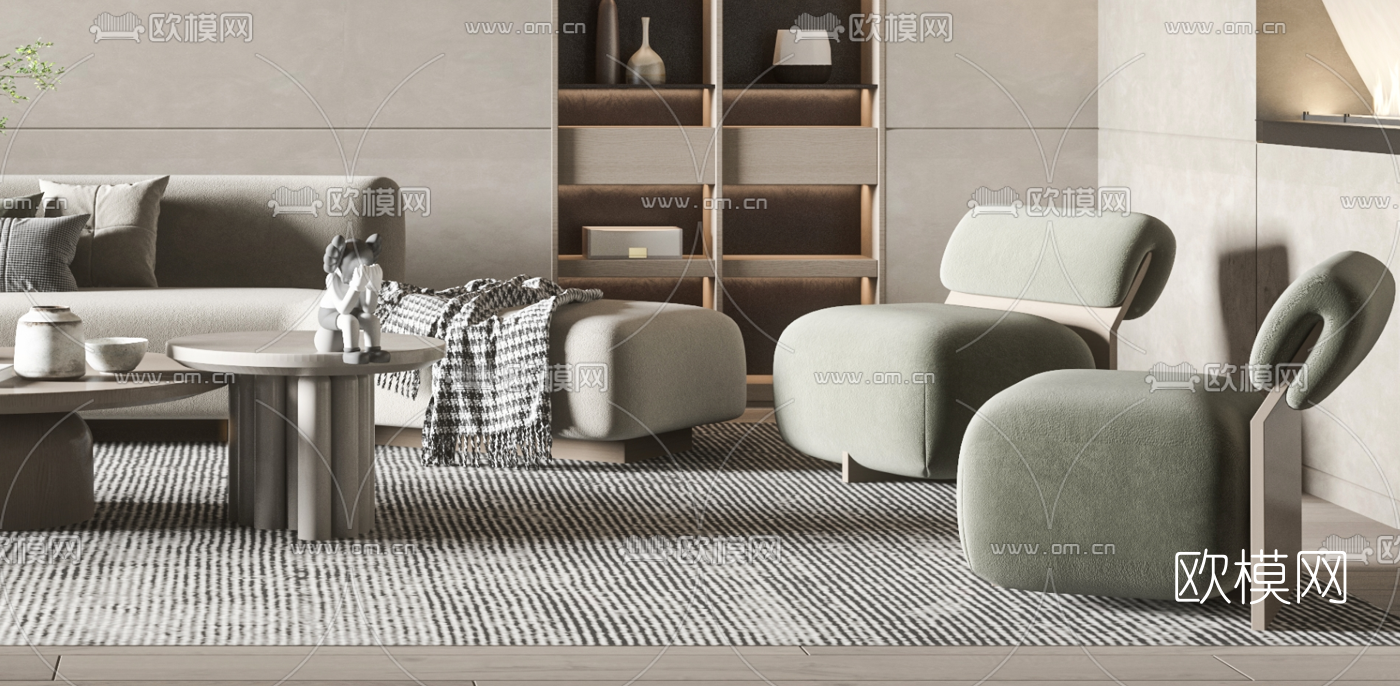 现代布艺沙发组合3d模型下载（渲染图3）