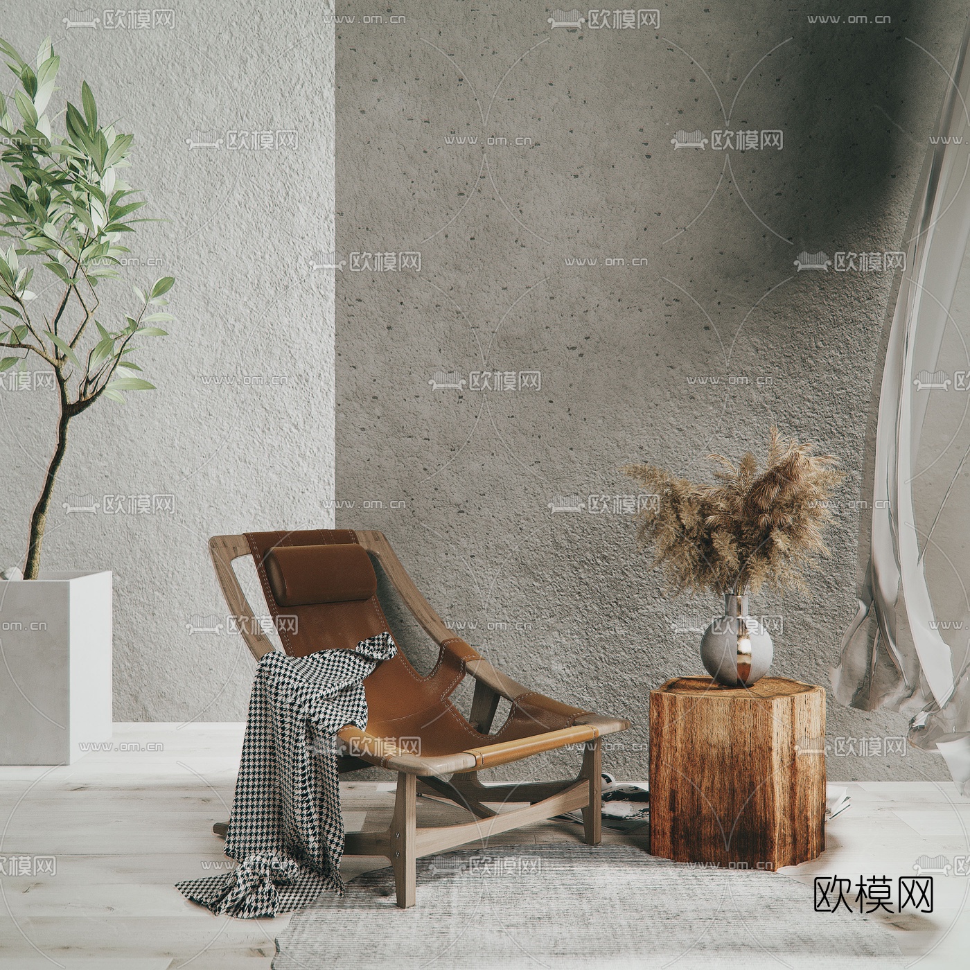 自然风皮革躺椅圆几3d模型下载（渲染图1）