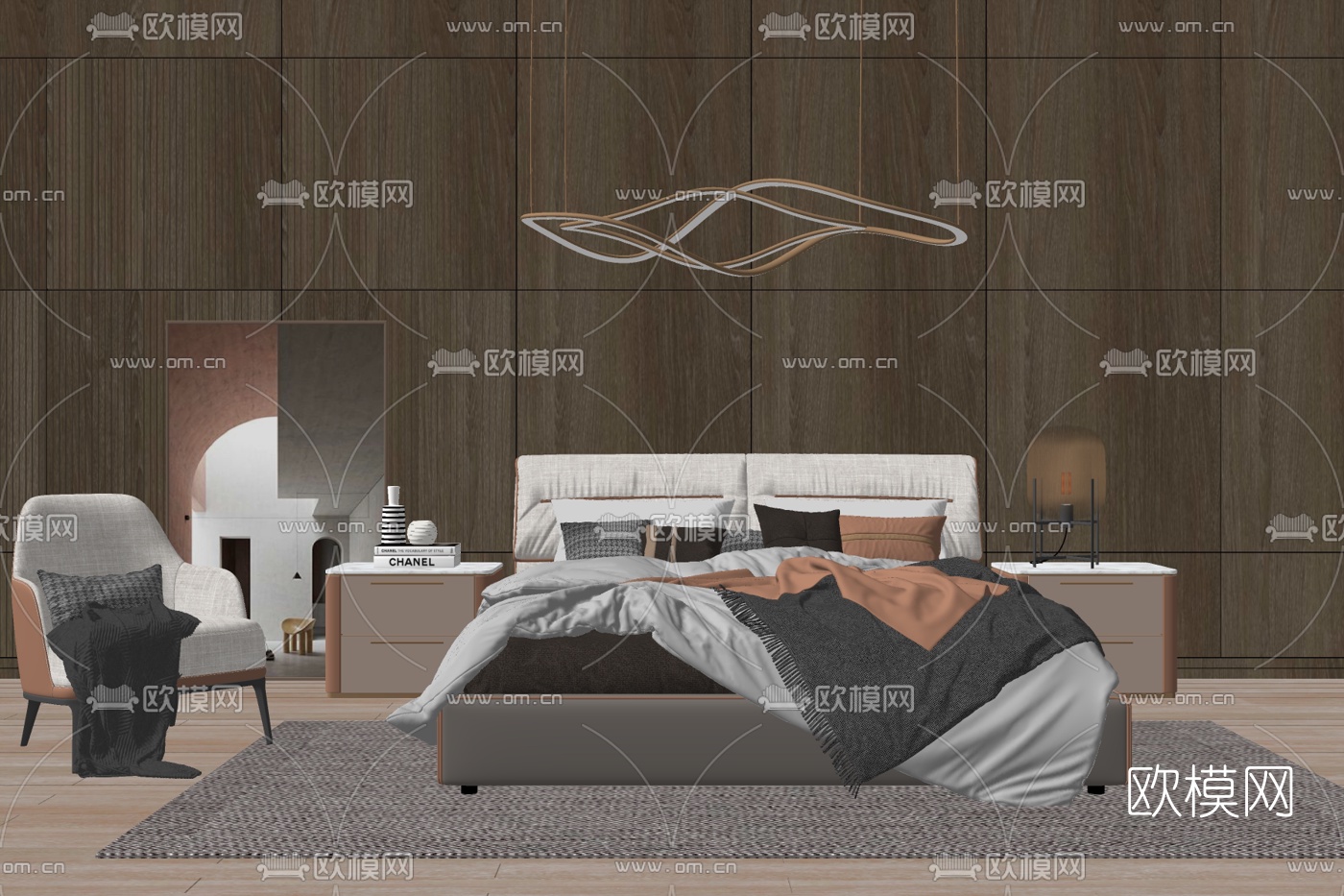 现代布艺双人床su模型下载