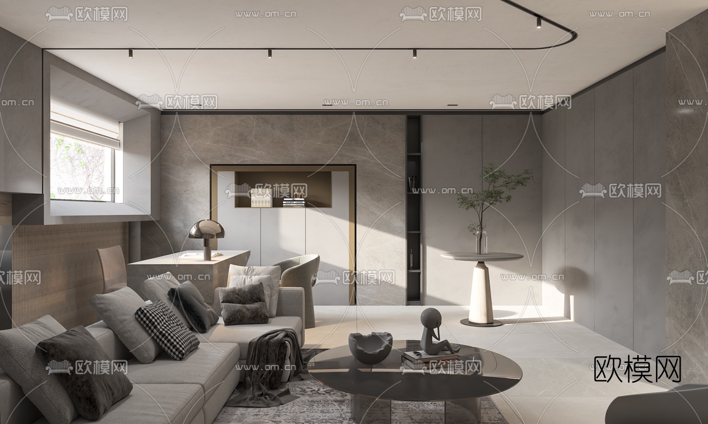 现代负一层书房休息室3d模型下载（渲染图2）