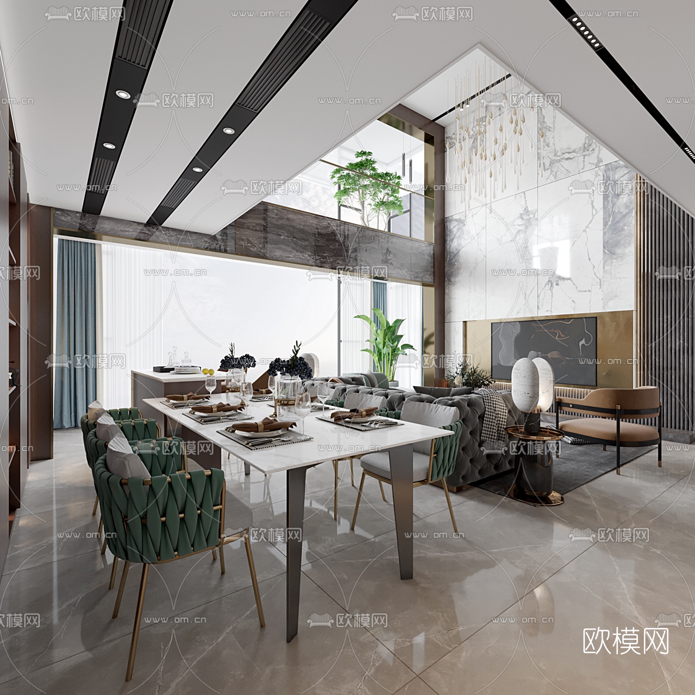 新中式别墅客厅餐厅3d模型