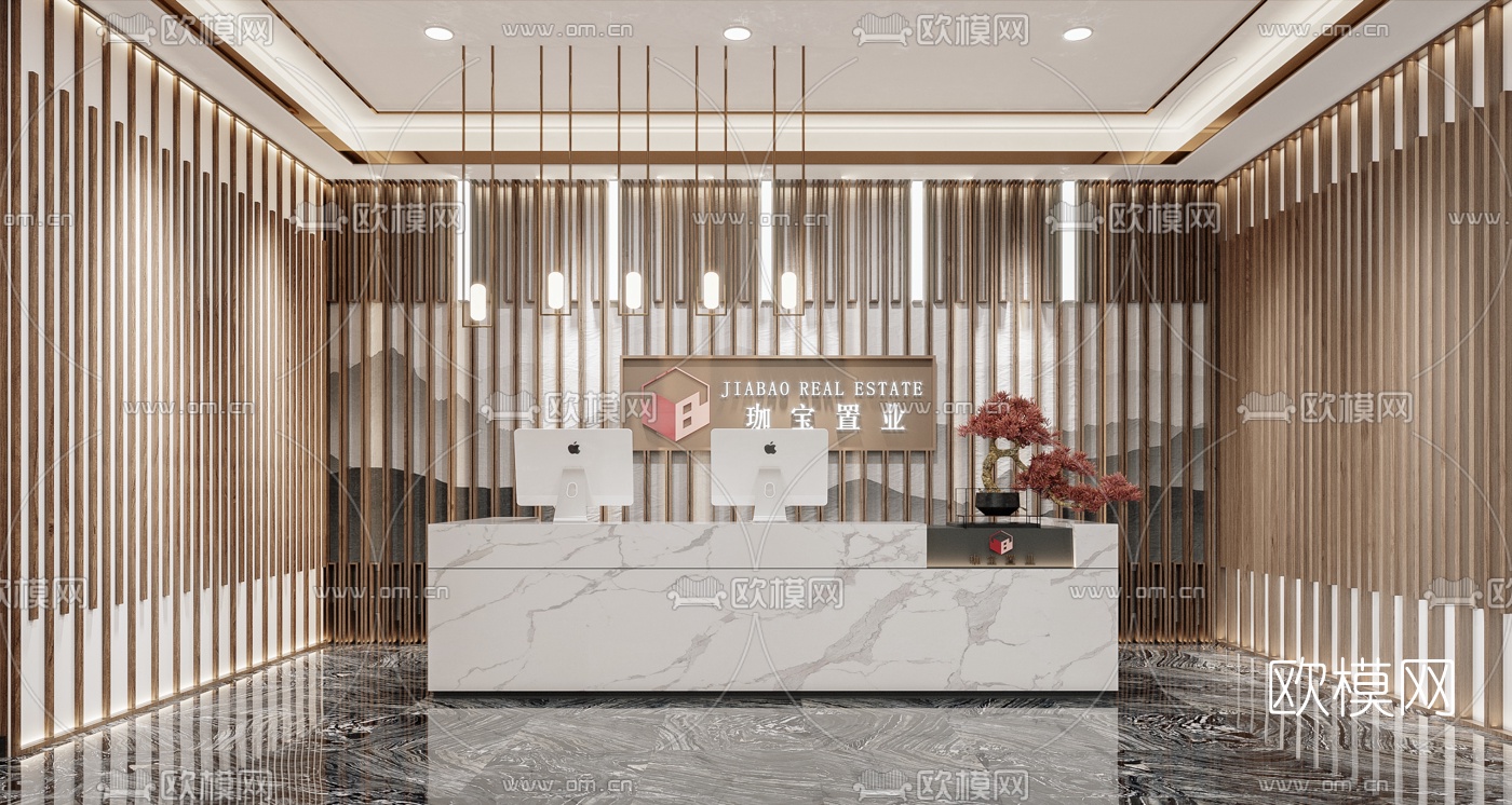 新中式办公大堂前台3d模型