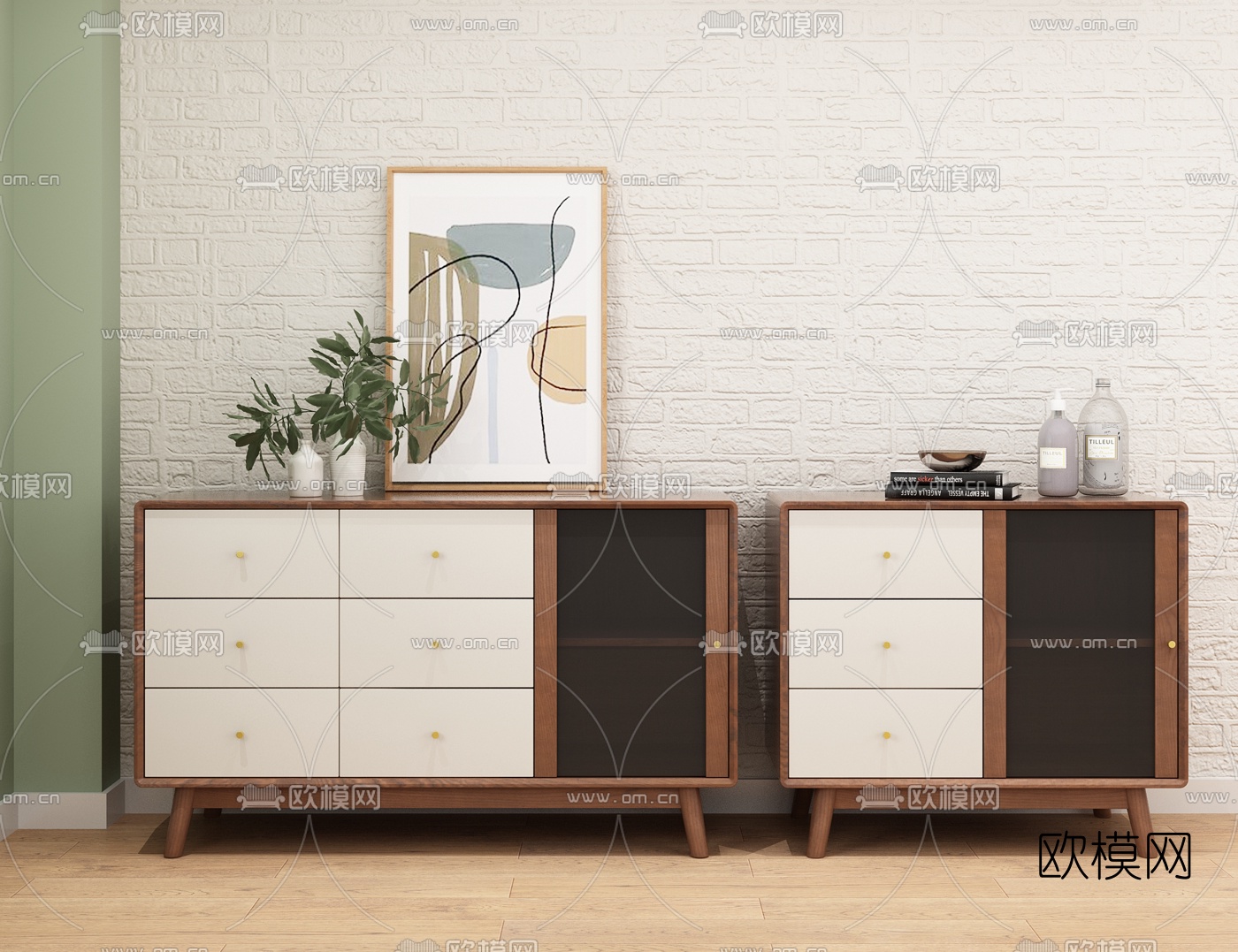 北欧原木边柜斗柜3d模型下载（渲染图1）