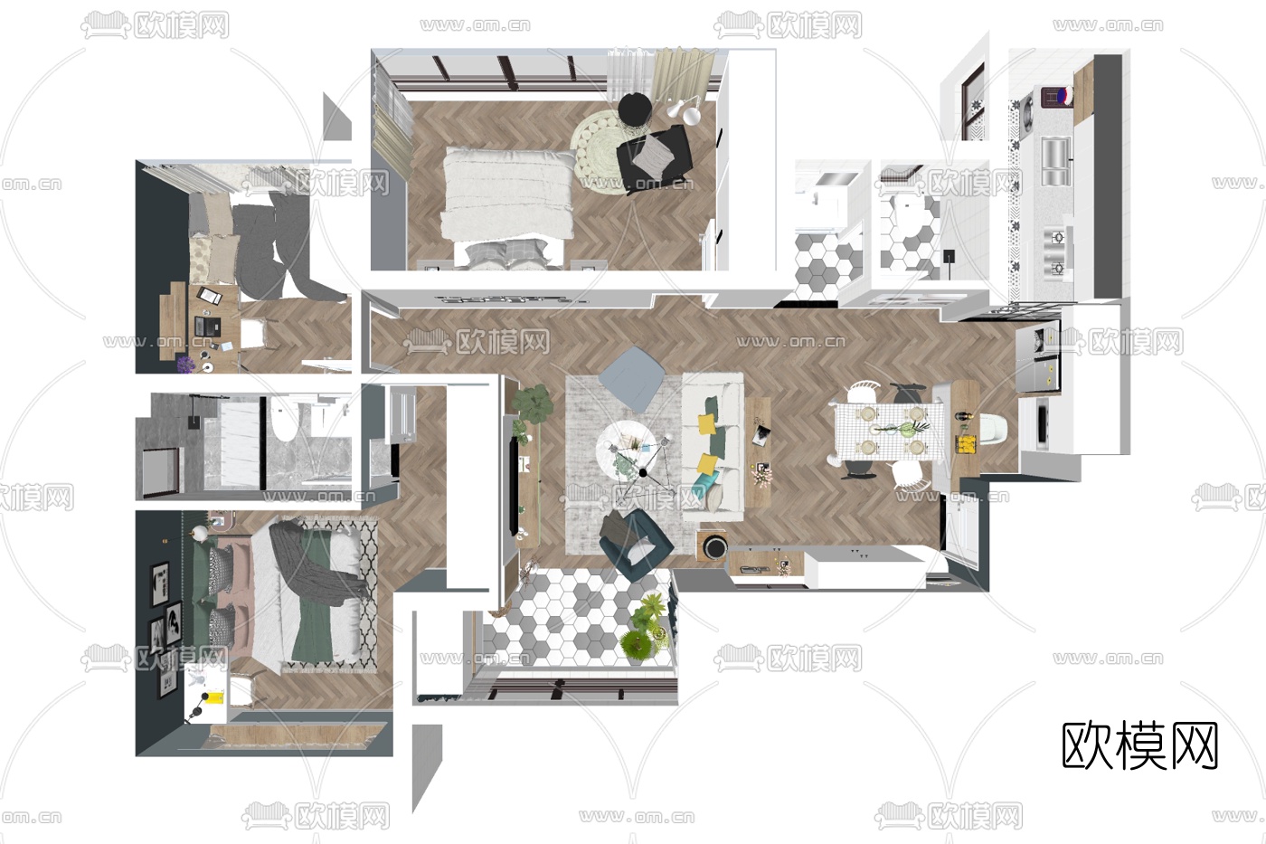 现代公寓整装免费su模型下载