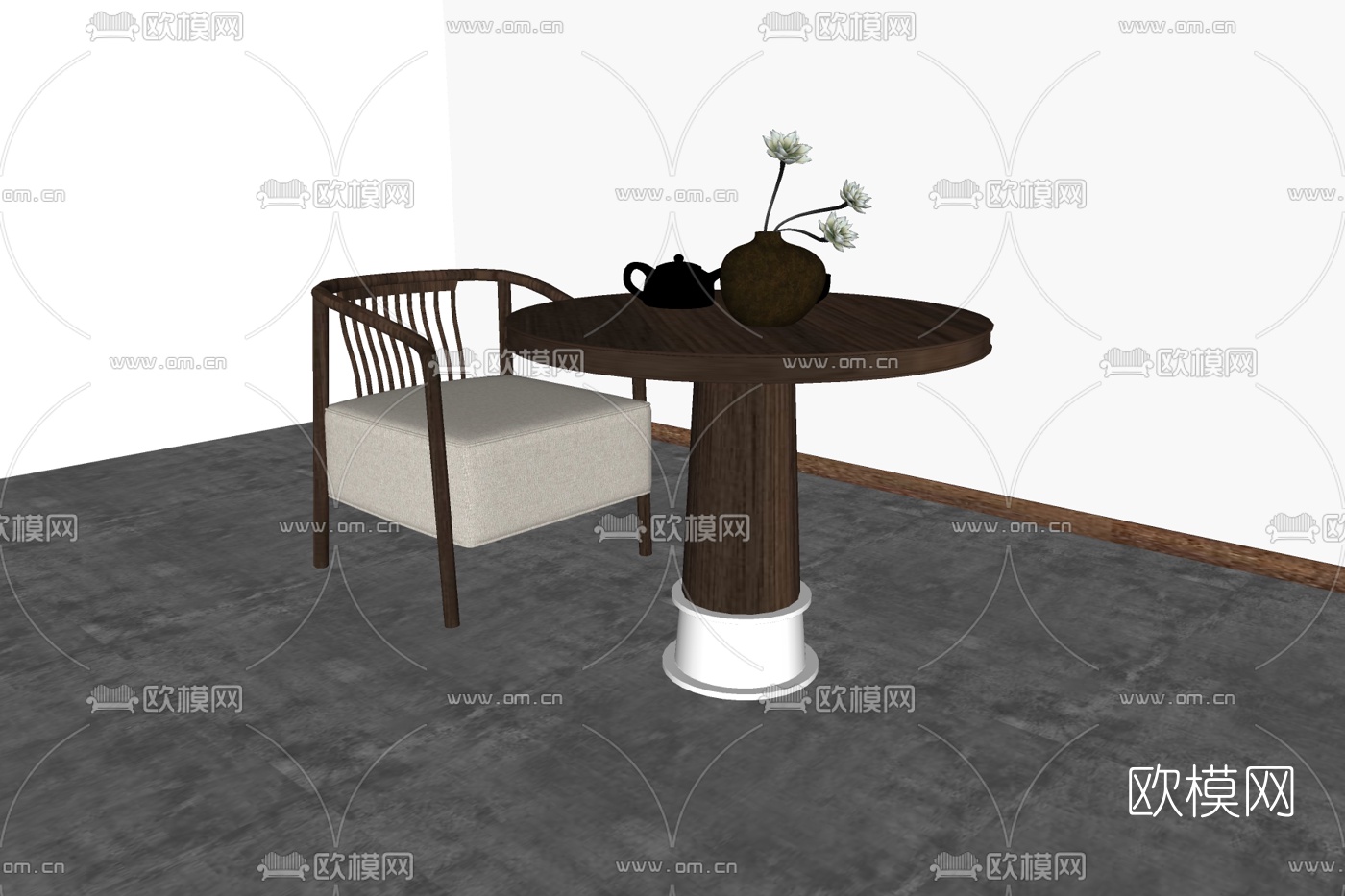 新中式实木单椅su模型下载