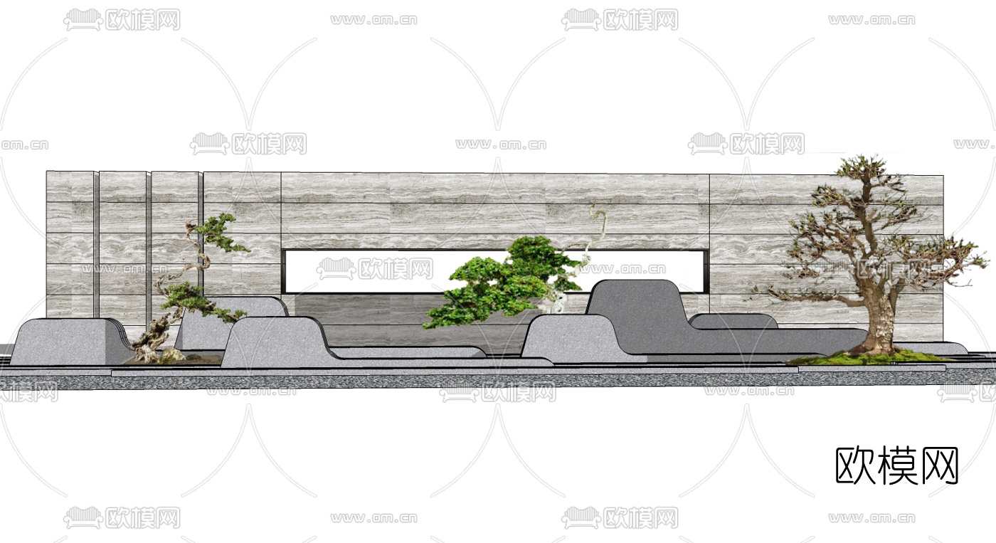 新中式绿植景墙su模型