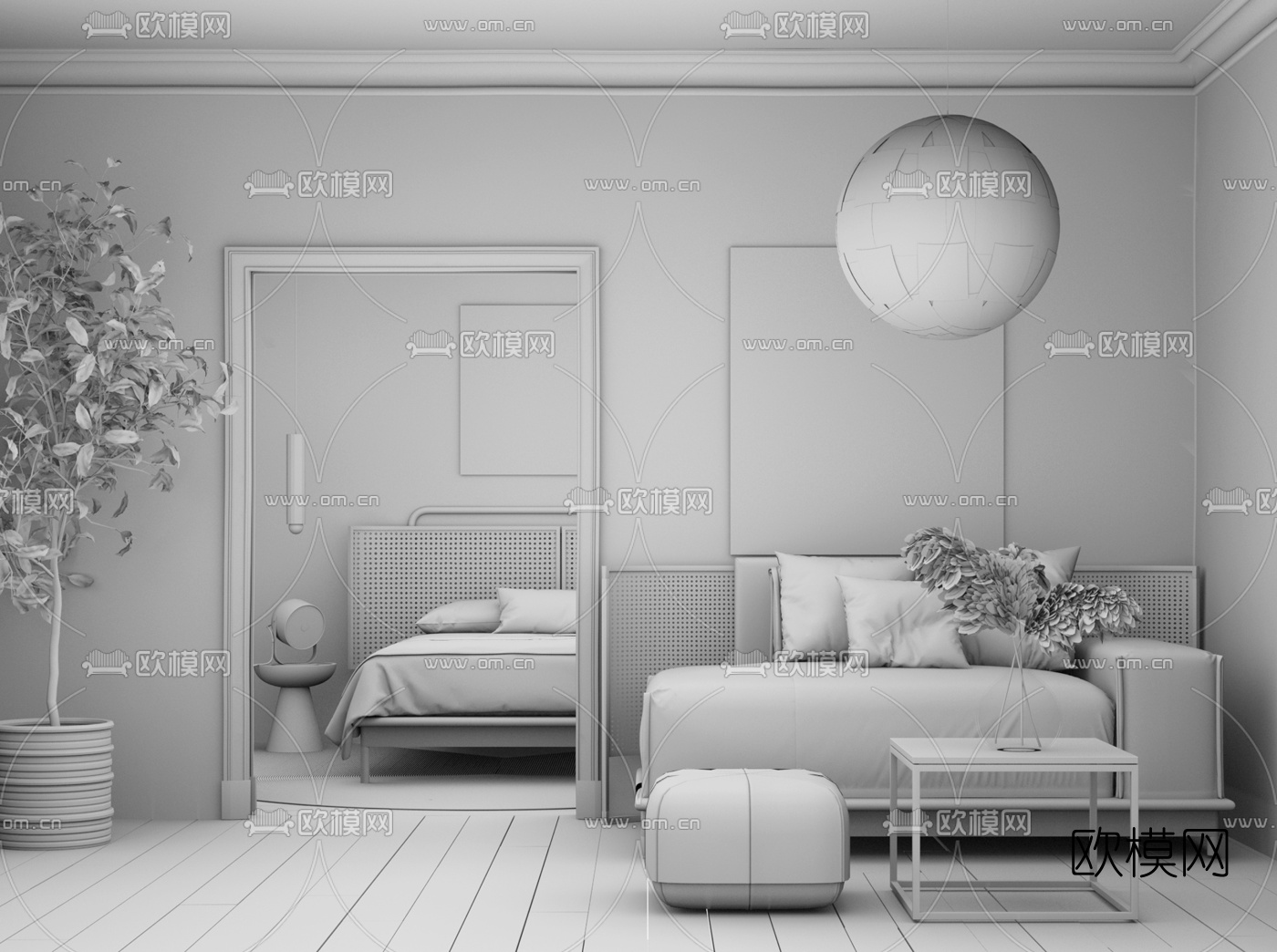 北欧布艺双人床su模型下载（渲染图3）