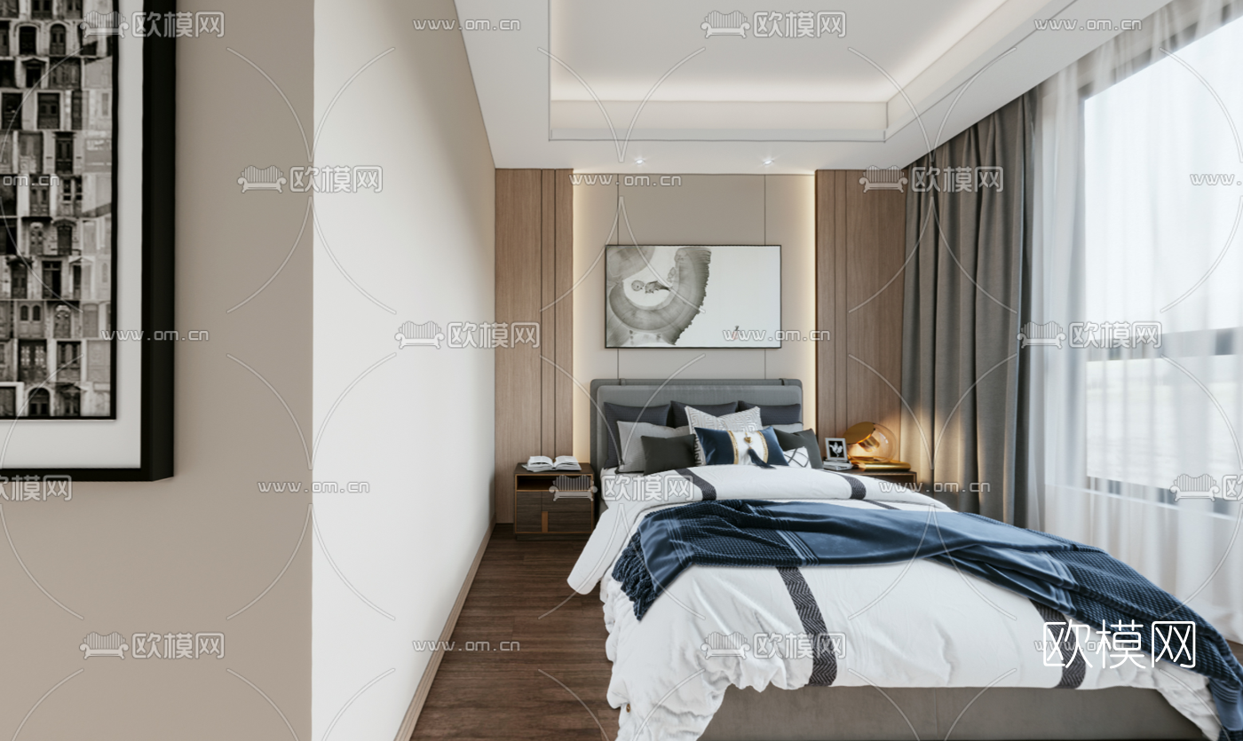 新中式卧室主人房vr全景3d模型-免费3dmax模型库-欧模网