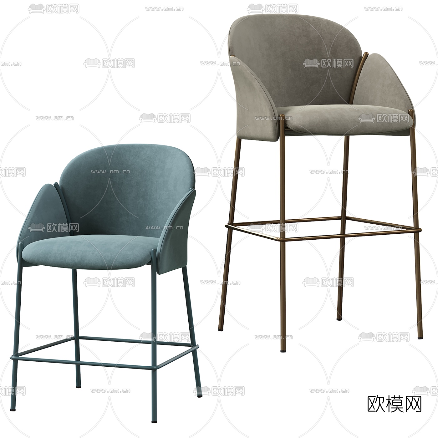 北欧绒布吧台椅3d模型下载（渲染图2）