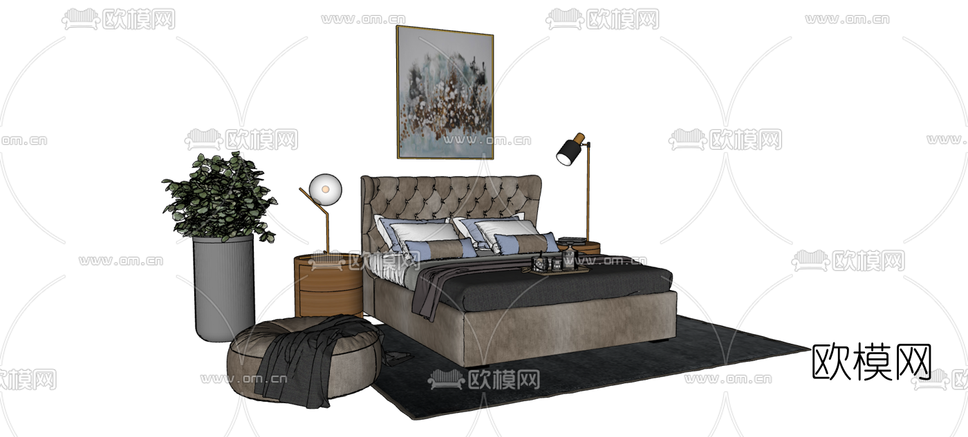现代布艺双人床su模型下载（渲染图1）